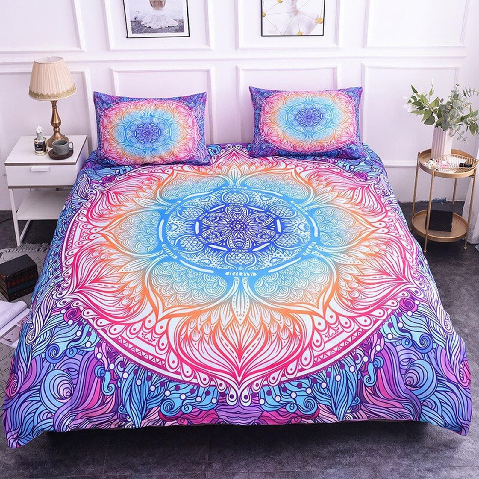 Rainbow mandala whimsical duvet cover boho bedding set full, queen, king, dorm bedding, aesthetic room indian bedspread ma…