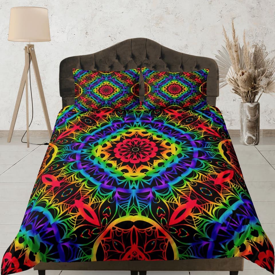 Rainbow psychedelic duvet cover hippie bedding set full, queen, king, preppy dorm bedding, indie room decor, aesthetic bed…