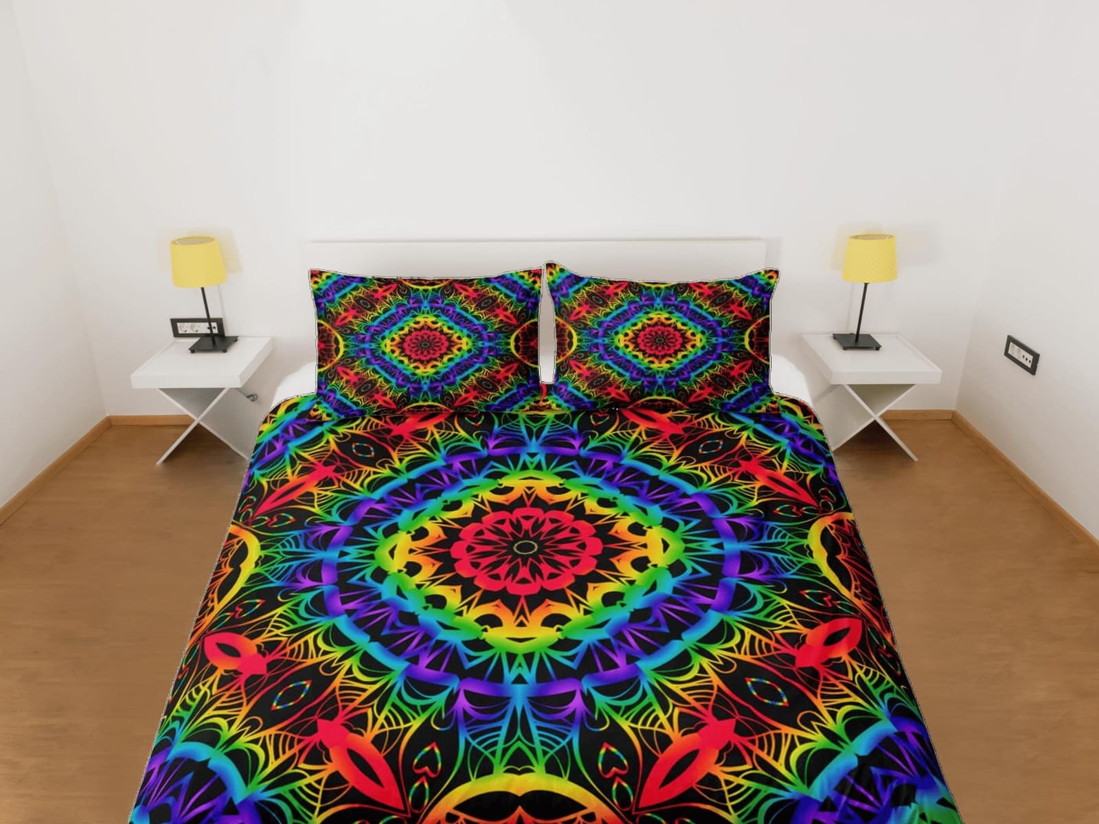 Rainbow psychedelic duvet cover hippie bedding set full, queen, king, preppy dorm bedding, indie room decor, aesthetic bed…