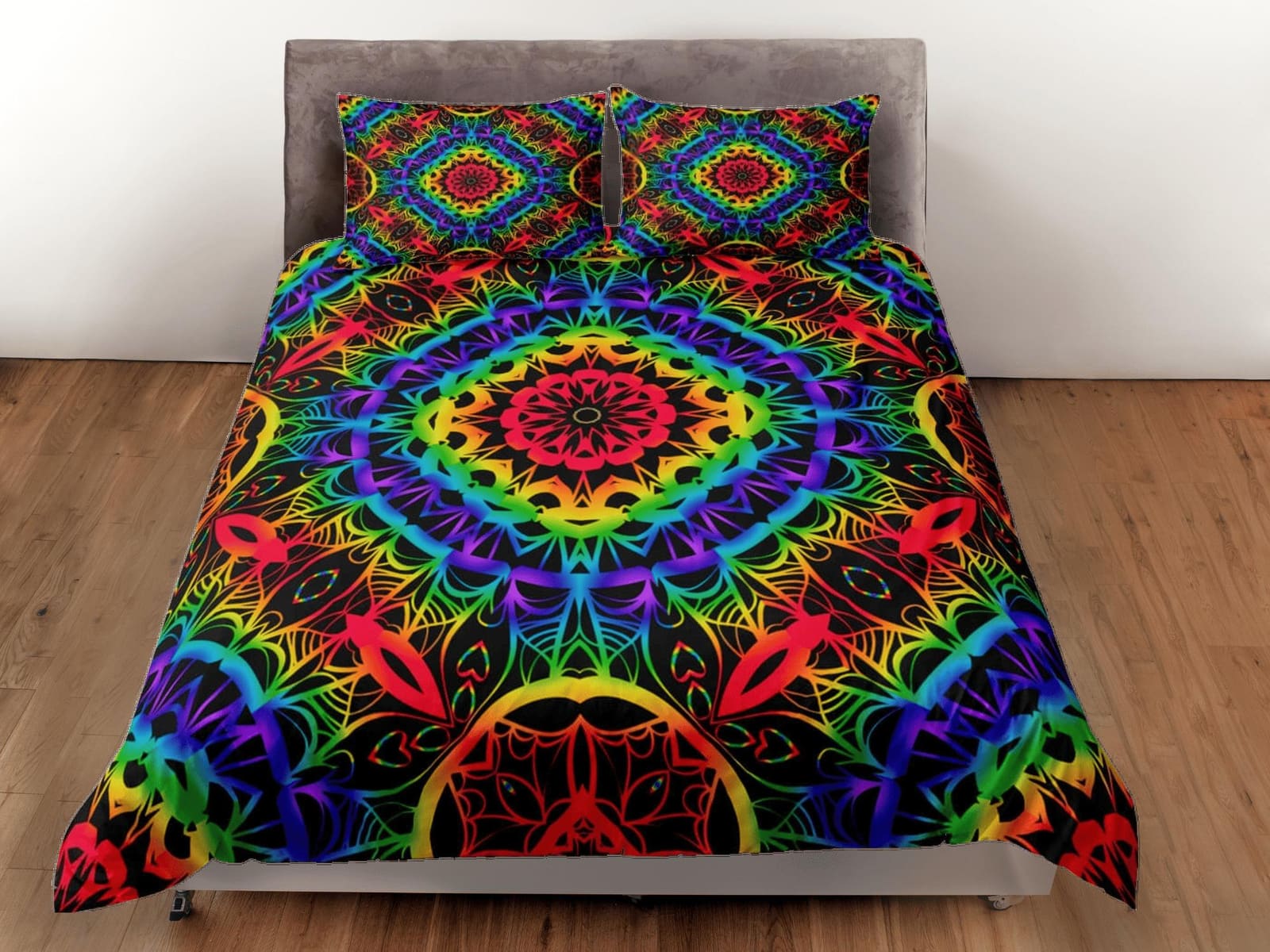Rainbow psychedelic duvet cover hippie bedding set full, queen, king, preppy dorm bedding, indie room decor, aesthetic bed…