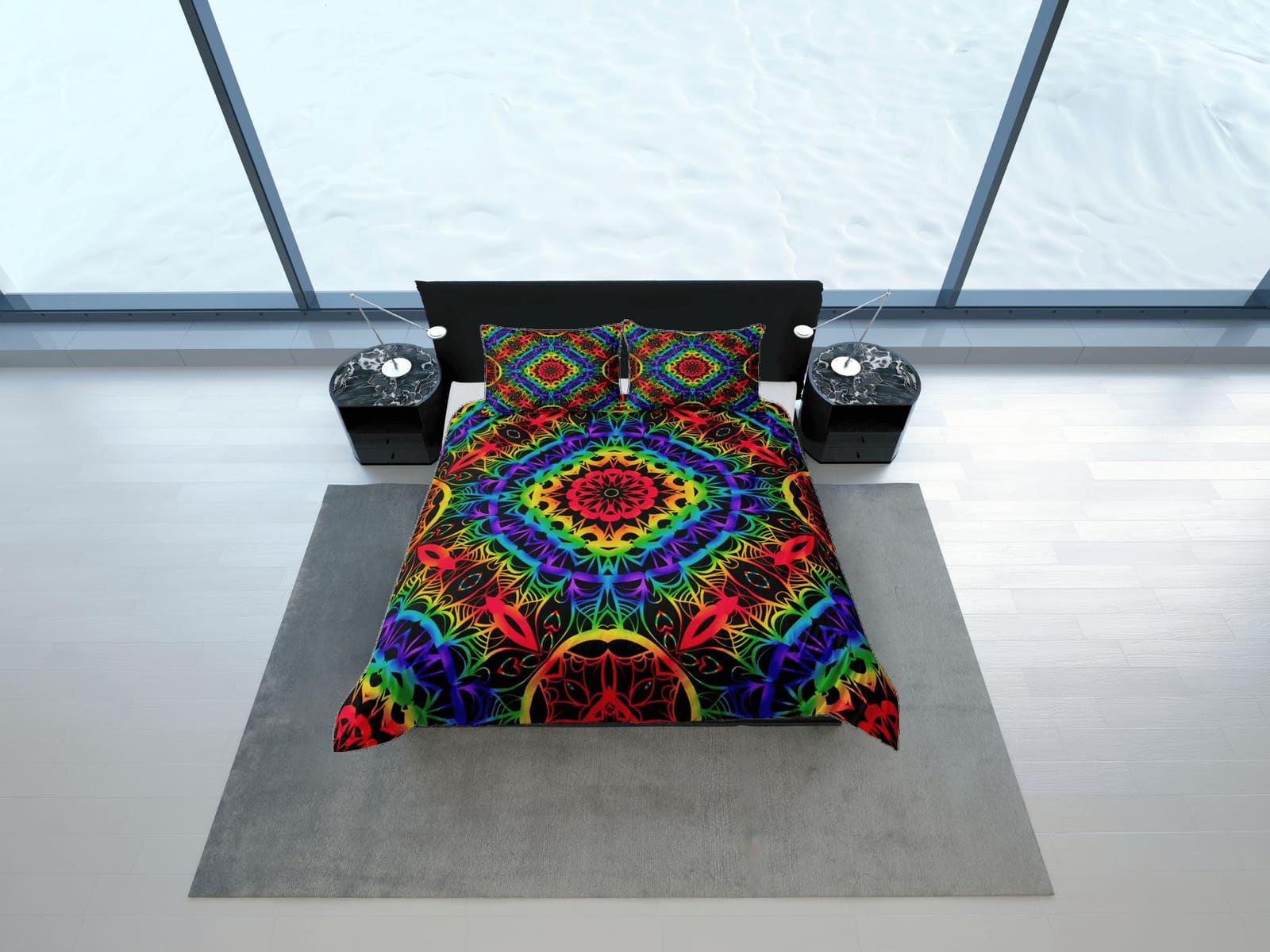 Rainbow psychedelic duvet cover hippie bedding set full, queen, king, preppy dorm bedding, indie room decor, aesthetic bed…