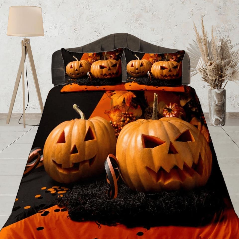 Real pumpkin halloween bedding & pillowcase, gothic duvet cover, dorm bedding, halloween decor goth bedding, halloween gif…