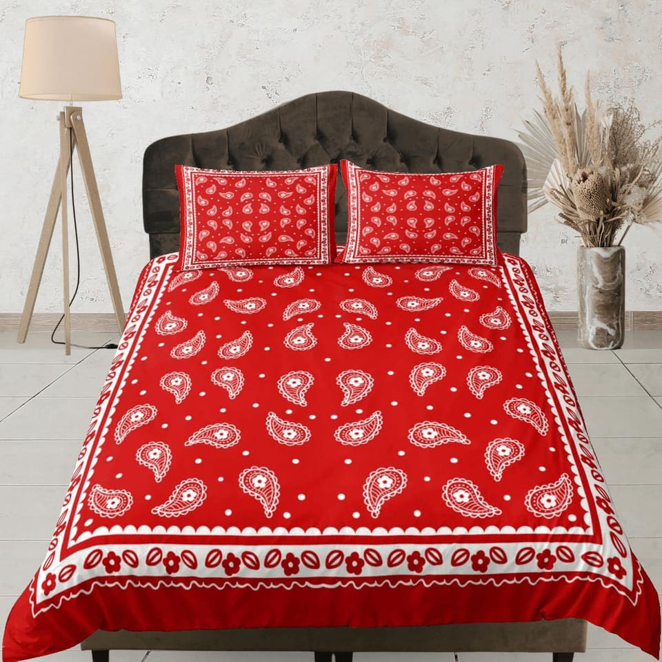 Red bandana paisley duvet cover set, aesthetic room decor bedding set full, king, queen size, abstract boho bedspread, lux…