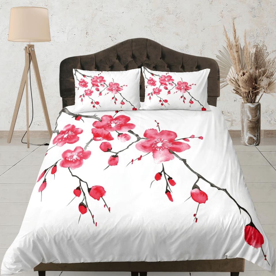 Red cherry blossom bedding floral prints white duvet cover queen, king, boho bedding designer bedspread full size bedding…