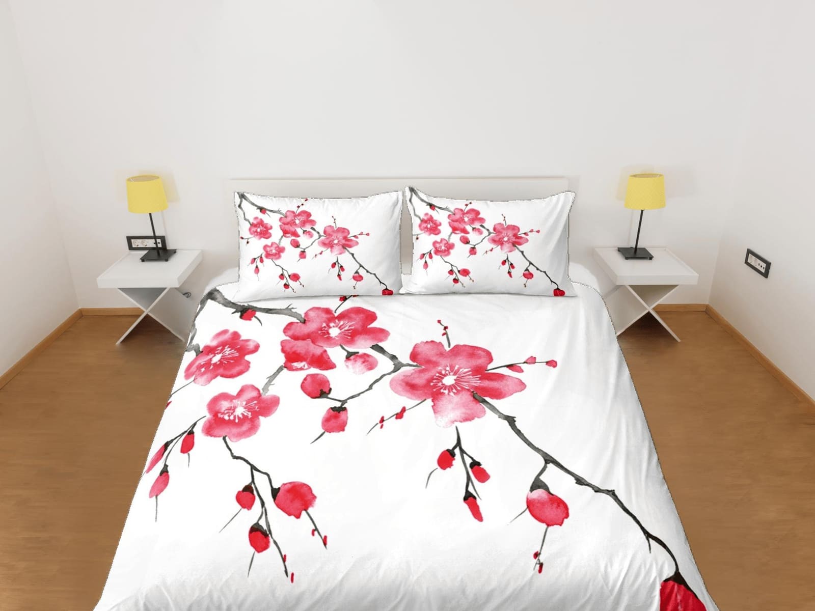 Red cherry blossom bedding floral prints white duvet cover queen, king, boho bedding designer bedspread full size bedding…