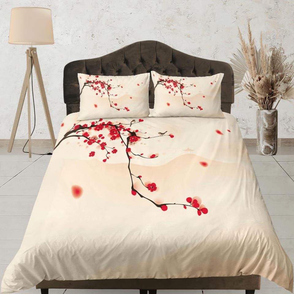 Red cherry blossom beige bedding floral prints duvet cover queen, king, boho bedding designer bedspread full size bedding…
