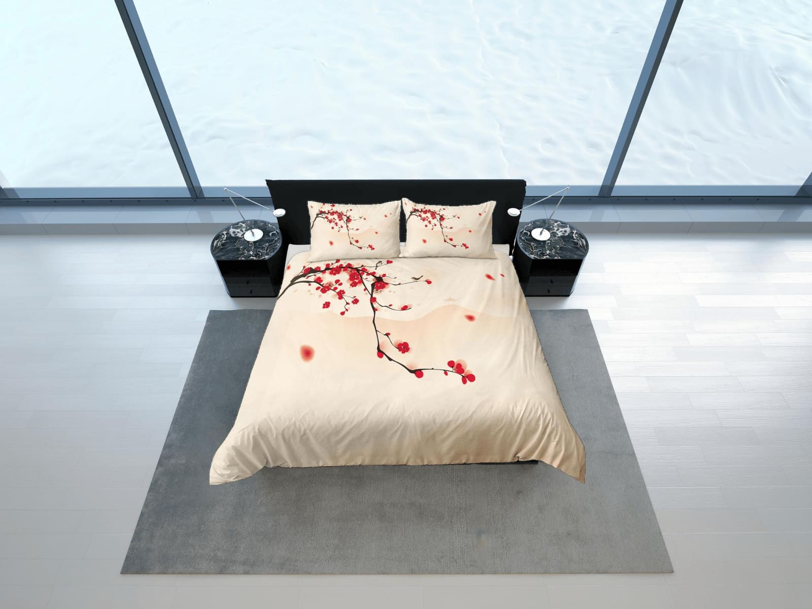 Red cherry blossom beige bedding floral prints duvet cover queen, king, boho bedding designer bedspread full size bedding…