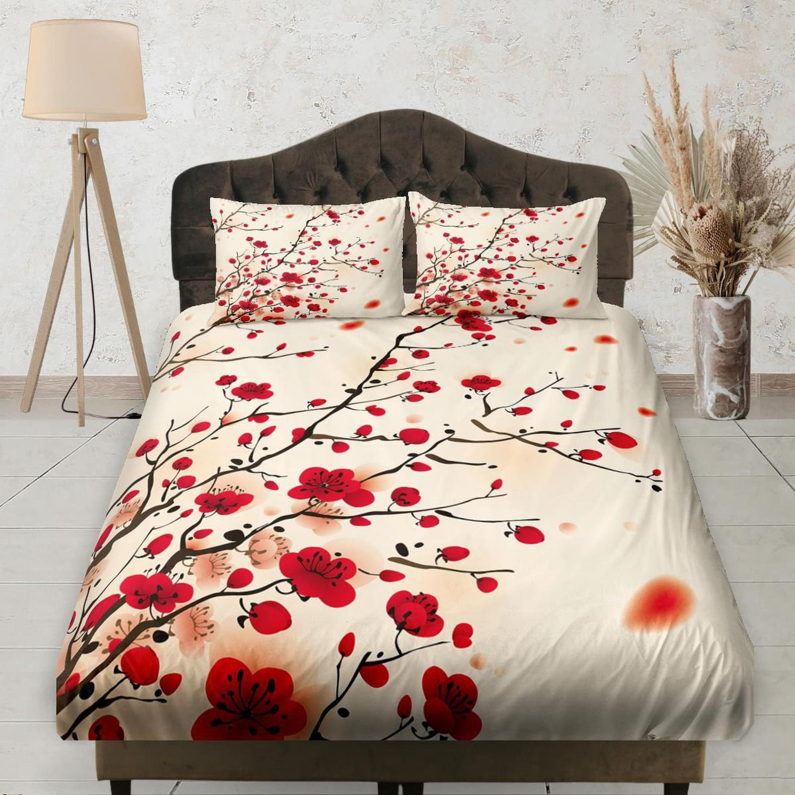 Red Cherry Blossoms Fitted Bedsheet Elastic Deep Pocket, Floral Printed Boho Bedding Set Full, Dorm Bedding, Crib Sheet, S…