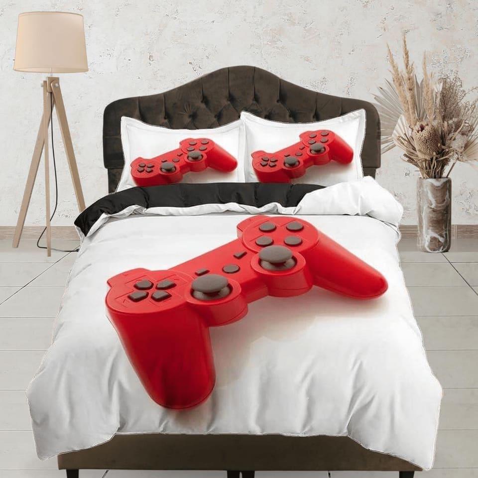 Red controller gamer bedding duvet cover, video gamer boyfriend gift bedding set full king queen twin, boys bedroom, colle…