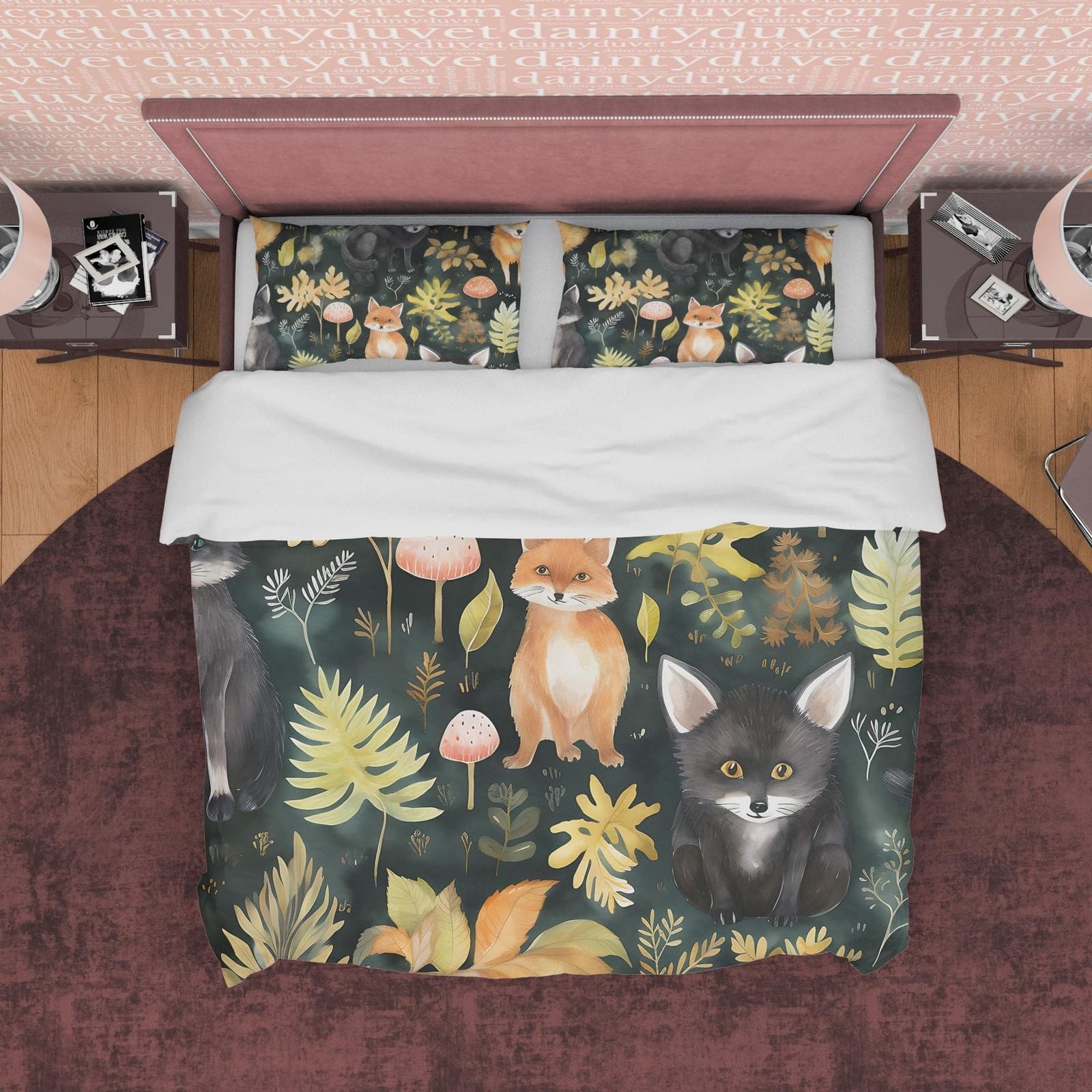 Red Fox Jungle Duvet Cover Set, Black Cat Forest Plant Quilt Cover Aesthetic Zipper Bedding, Halloween Room Decor, Green L…