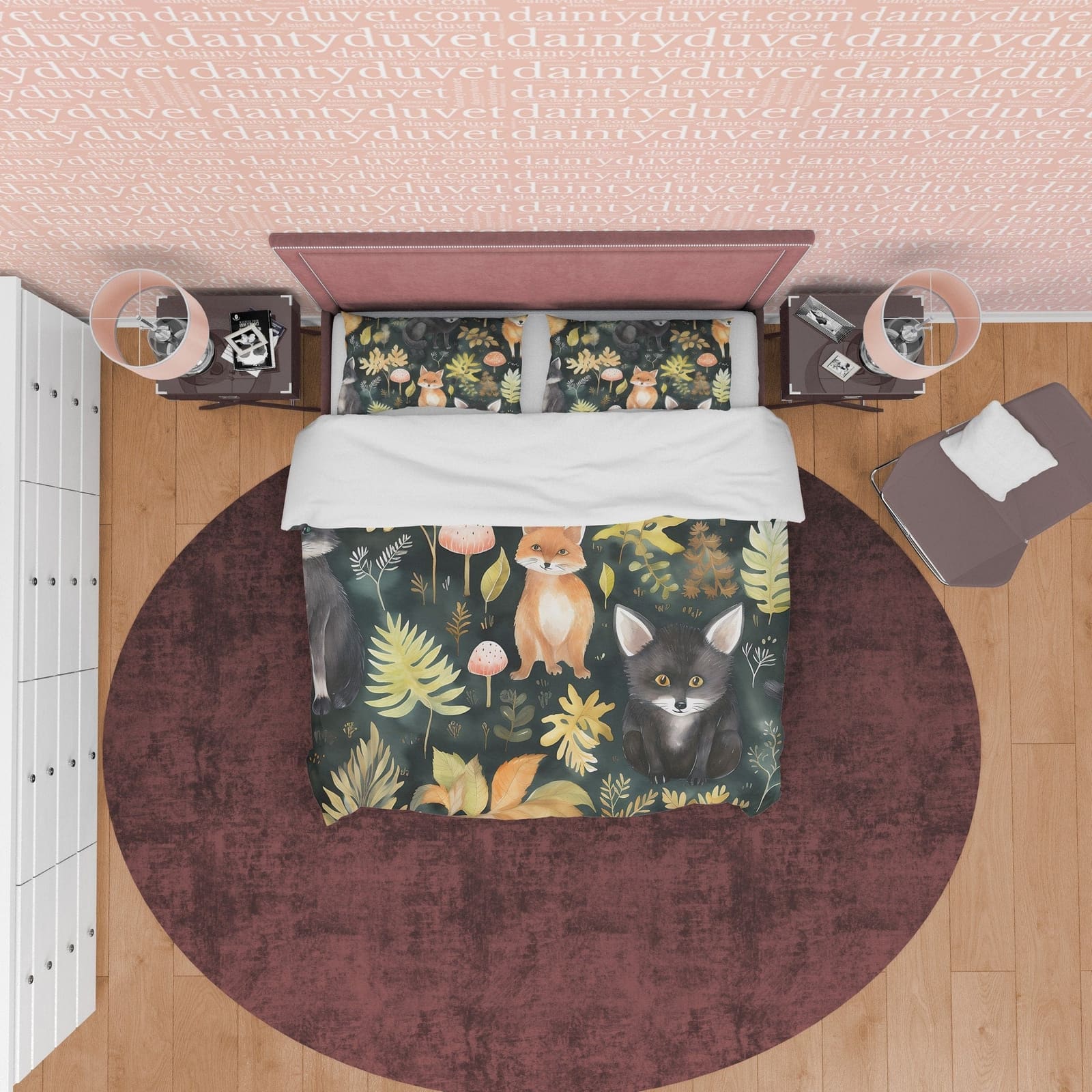 Red Fox Jungle Duvet Cover Set, Black Cat Forest Plant Quilt Cover Aesthetic Zipper Bedding, Halloween Room Decor, Green L…