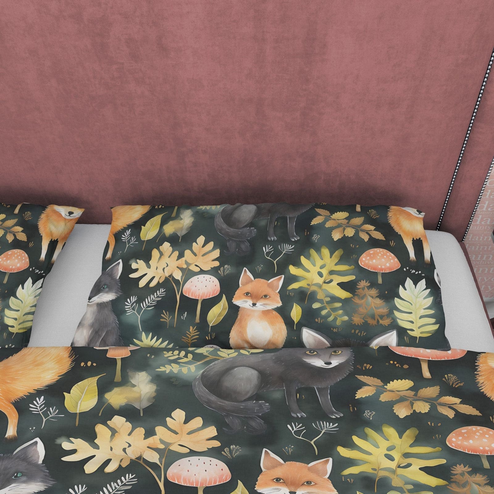 Red Fox Jungle Duvet Cover Set, Black Cat Forest Plant Quilt Cover Aesthetic Zipper Bedding, Halloween Room Decor, Green L…