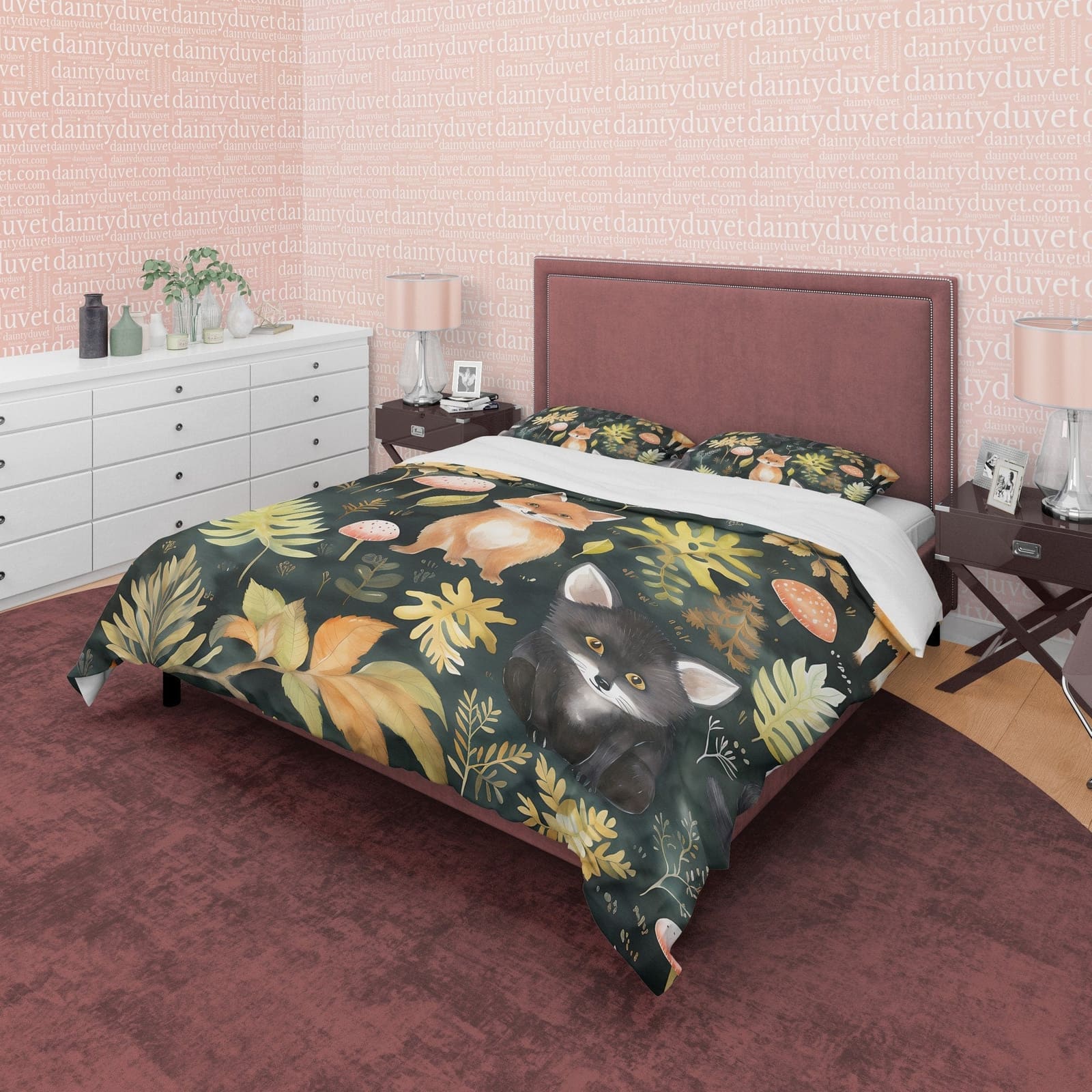 Red Fox Jungle Duvet Cover Set, Black Cat Forest Plant Quilt Cover Aesthetic Zipper Bedding, Halloween Room Decor, Green L…