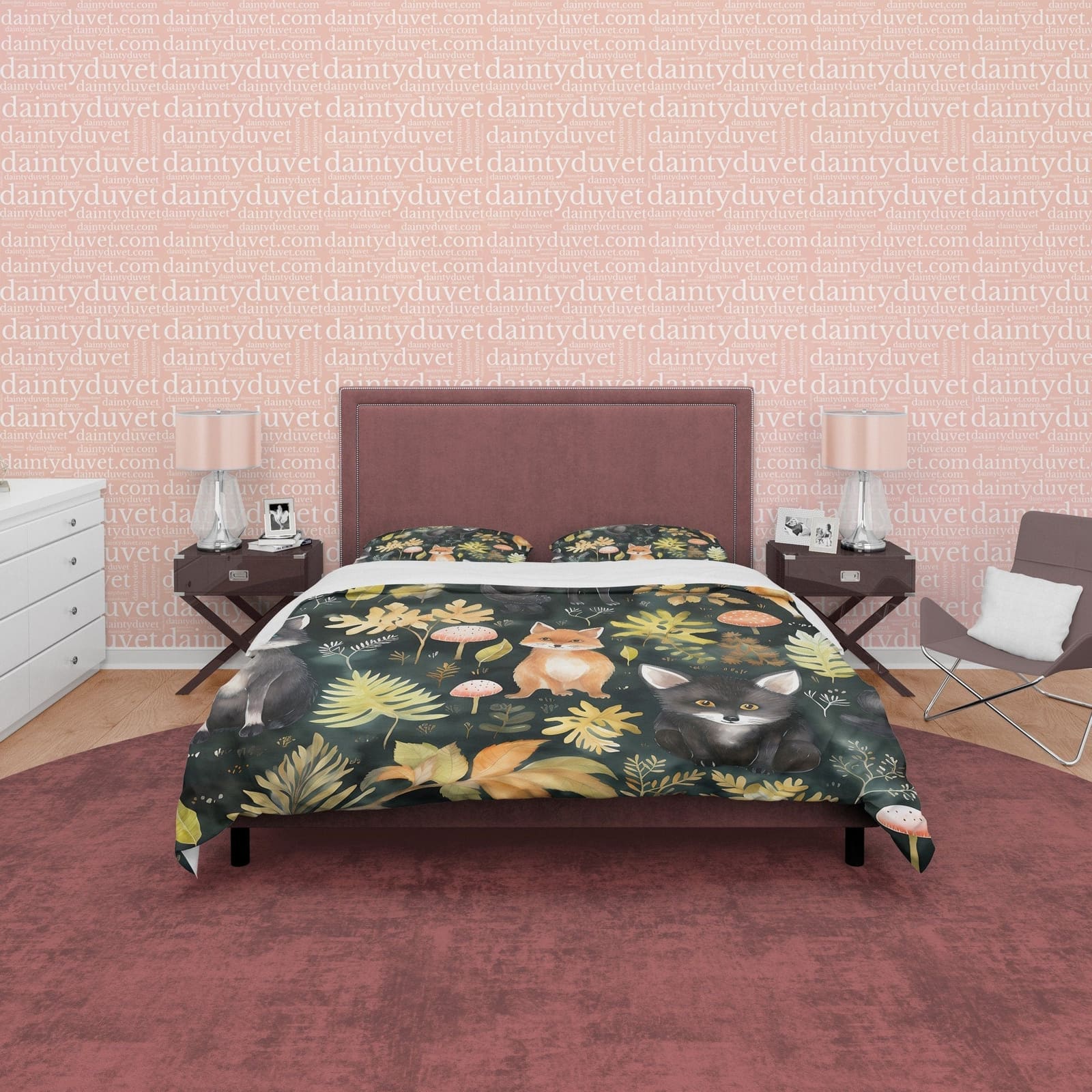 Red Fox Jungle Duvet Cover Set, Black Cat Forest Plant Quilt Cover Aesthetic Zipper Bedding, Halloween Room Decor, Green L…