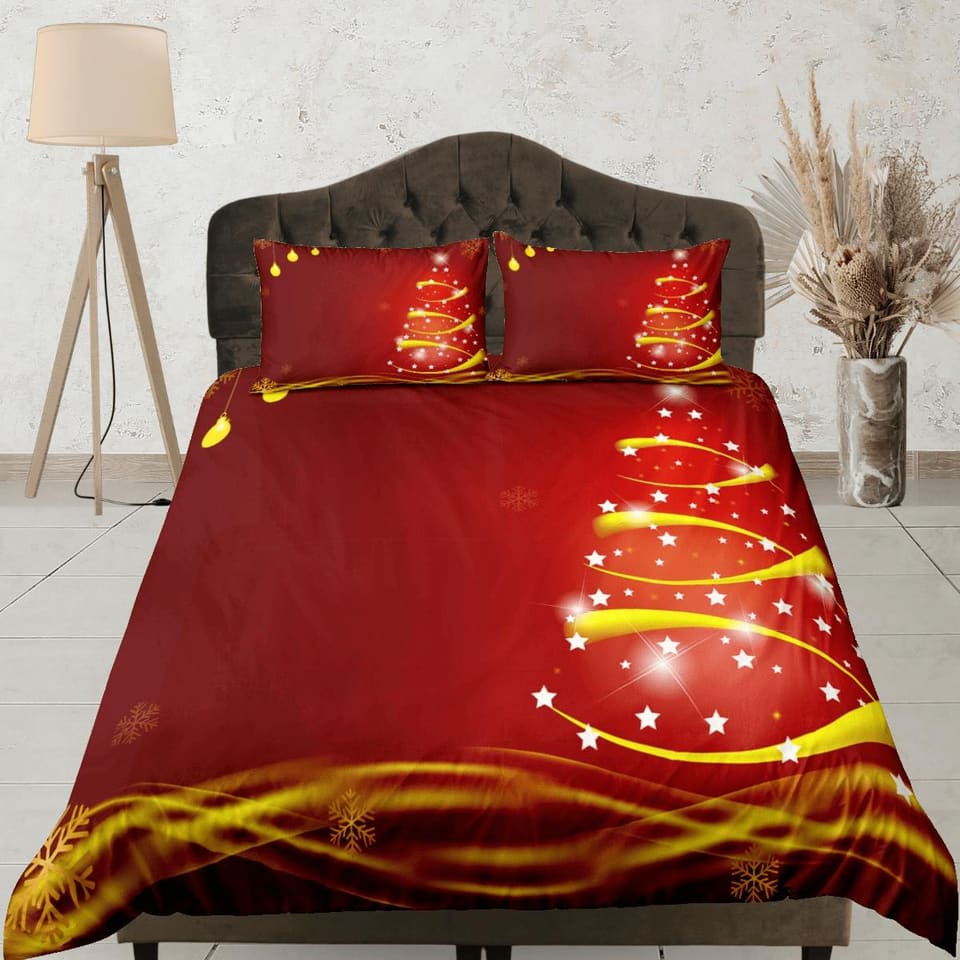 Red glowing Christmas tree bedding & pillowcase holiday gift duvet cover king queen full twin toddler bedding baby Christm…