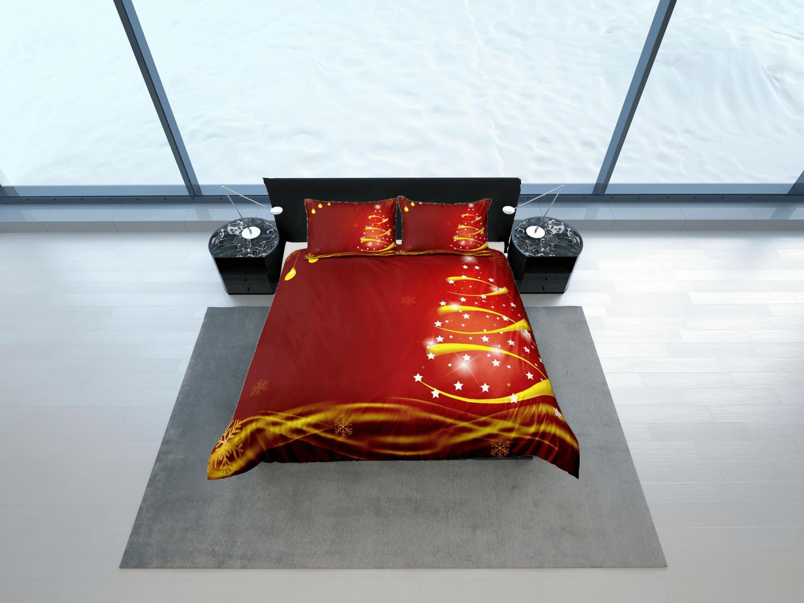 Red glowing Christmas tree bedding & pillowcase holiday gift duvet cover king queen full twin toddler bedding baby Christm…