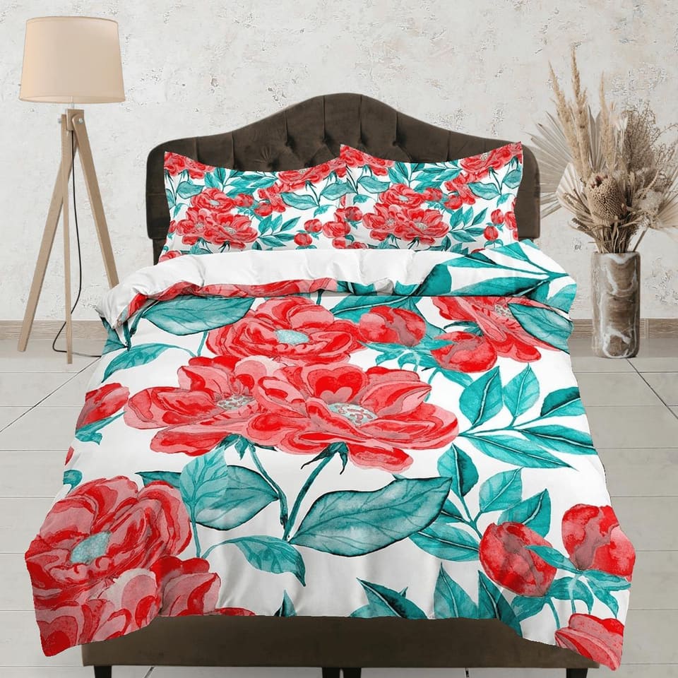 Red green biophilic bedding, floral printed duvet cover queen, king, boho duvet, designer bedding, aesthetic bedding, maxi…