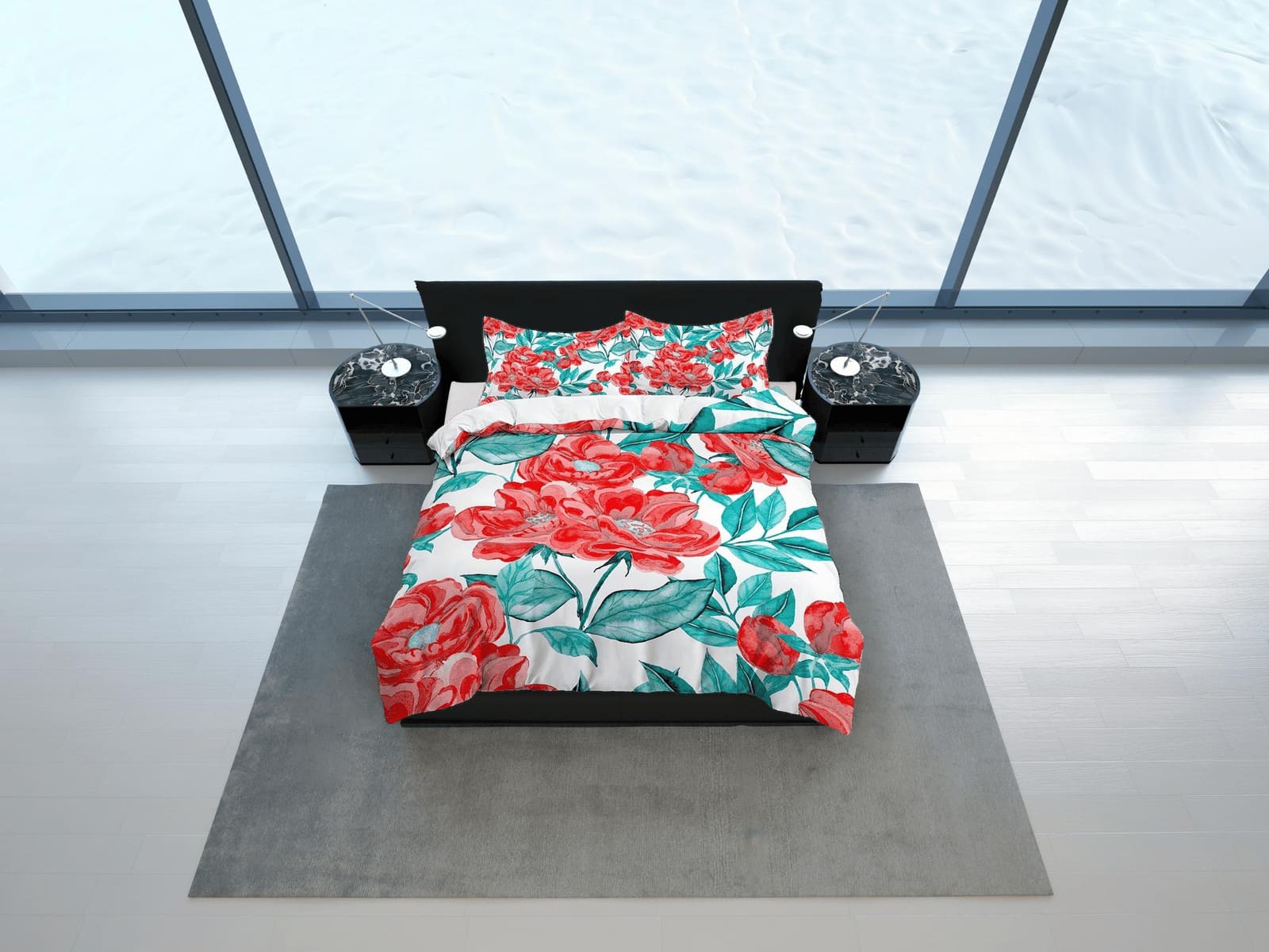 Red green biophilic bedding, floral printed duvet cover queen, king, boho duvet, designer bedding, aesthetic bedding, maxi…
