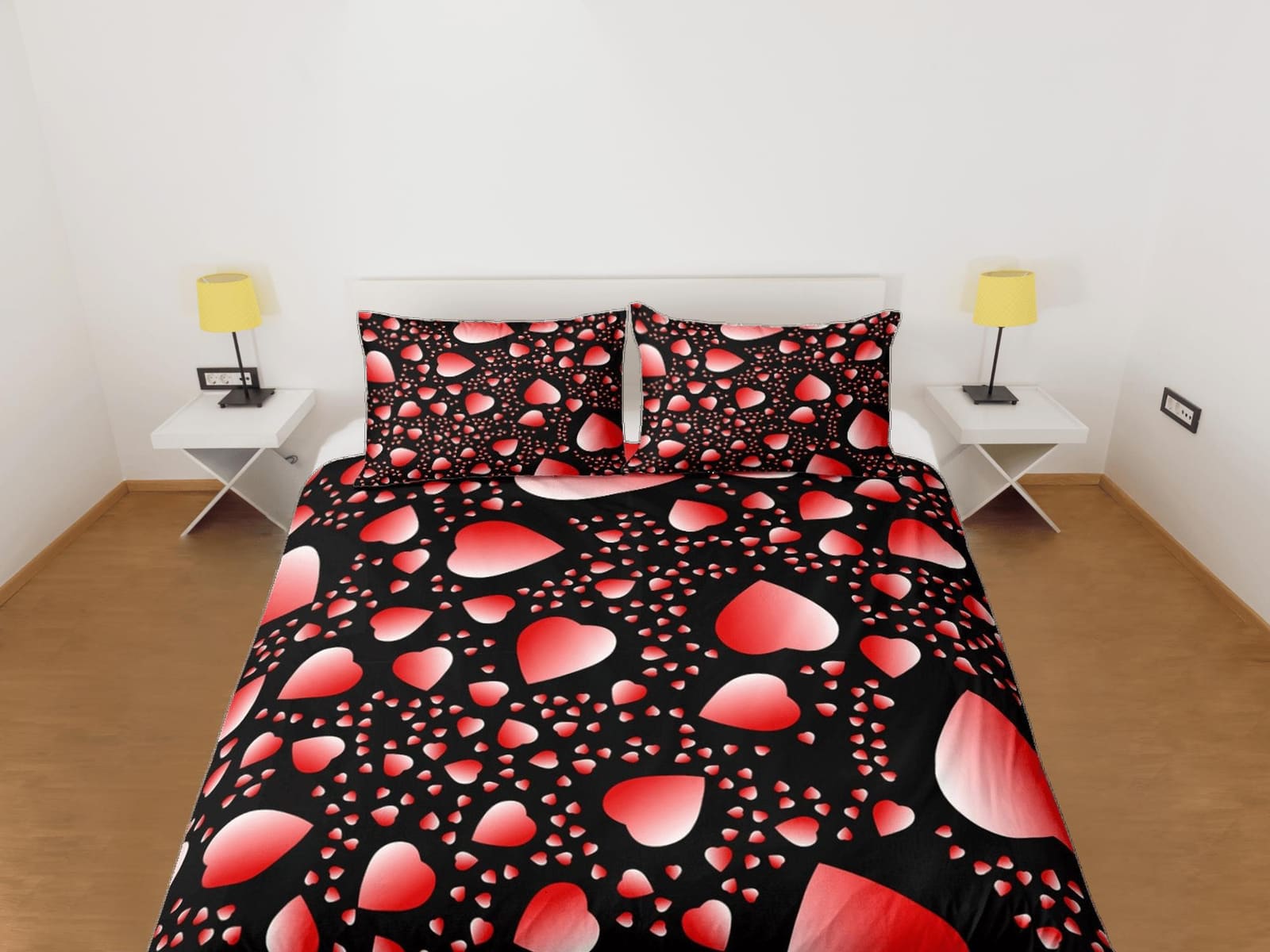 Red Hearts Duvet Cover Set Bedspread, Lovers Bedding Pillowcase Comforter Cover, Bedroom for Couples