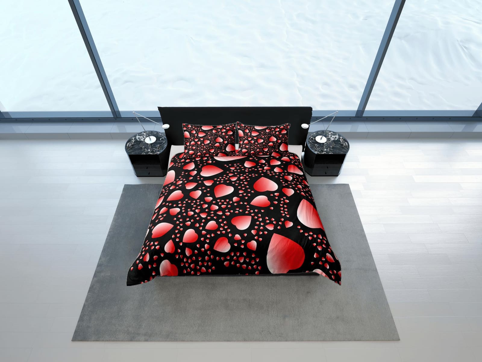 Red Hearts Duvet Cover Set Bedspread, Lovers Bedding Pillowcase Comforter Cover, Bedroom for Couples
