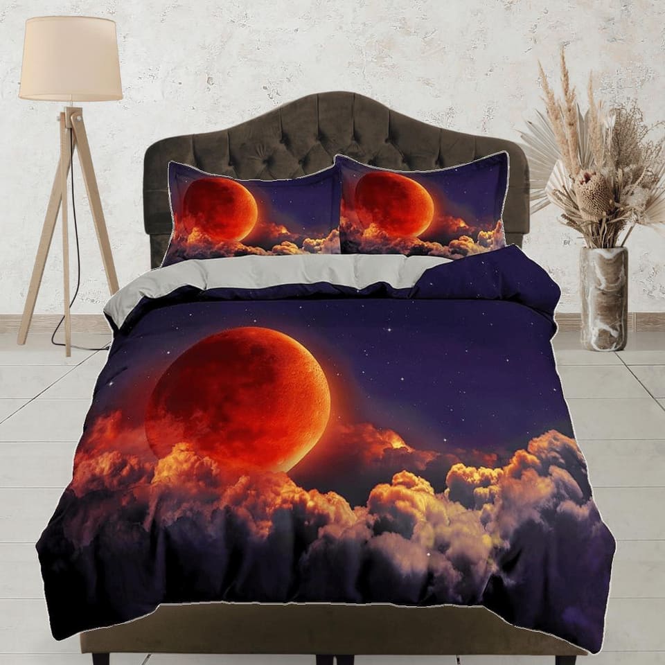 Red moon duvet cover set galaxy bedding, space bedding set full, duvet cover king, queen, dorm bedding, toddler bedding
