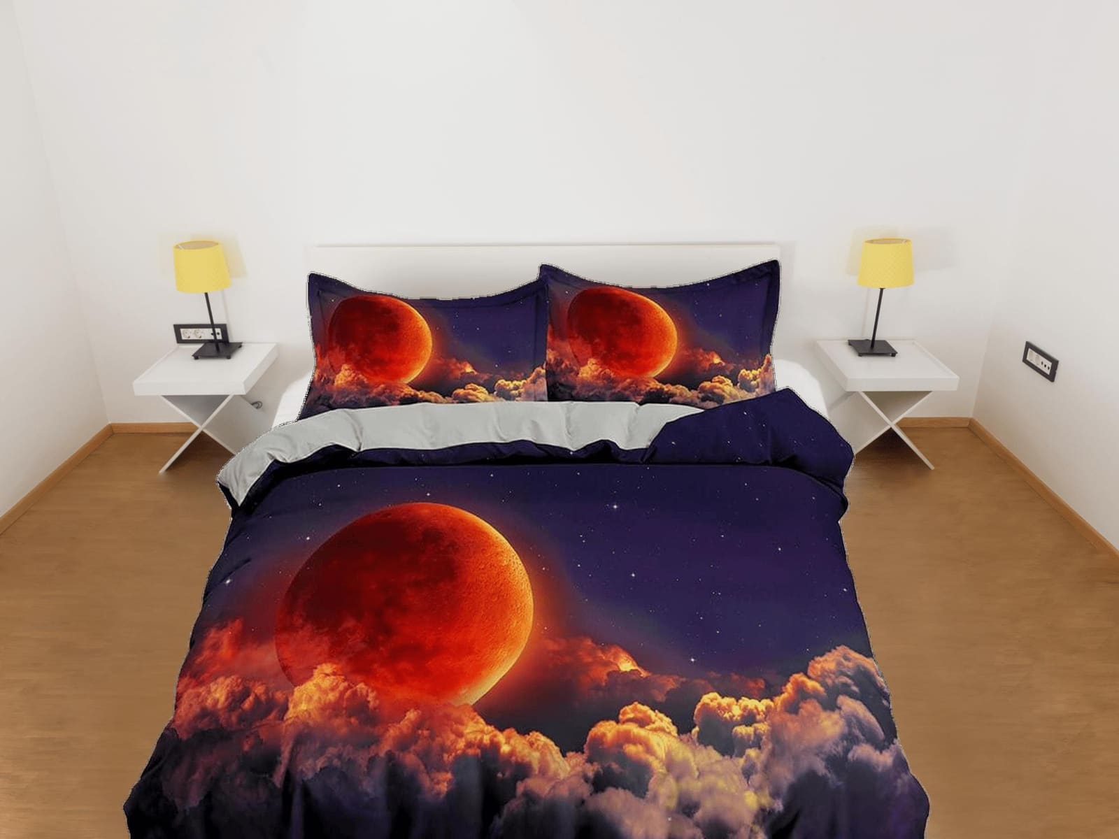 Red moon duvet cover set galaxy bedding, space bedding set full, duvet cover king, queen, dorm bedding, toddler bedding