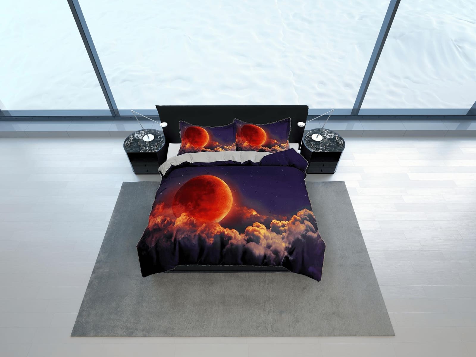 Red moon duvet cover set galaxy bedding, space bedding set full, duvet cover king, queen, dorm bedding, toddler bedding