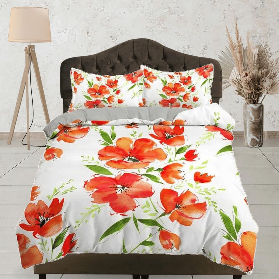Red painted floral duvet cover colorful bedding, teen girl bedroom, baby girl crib bedding boho maximalist bedspread aesth…