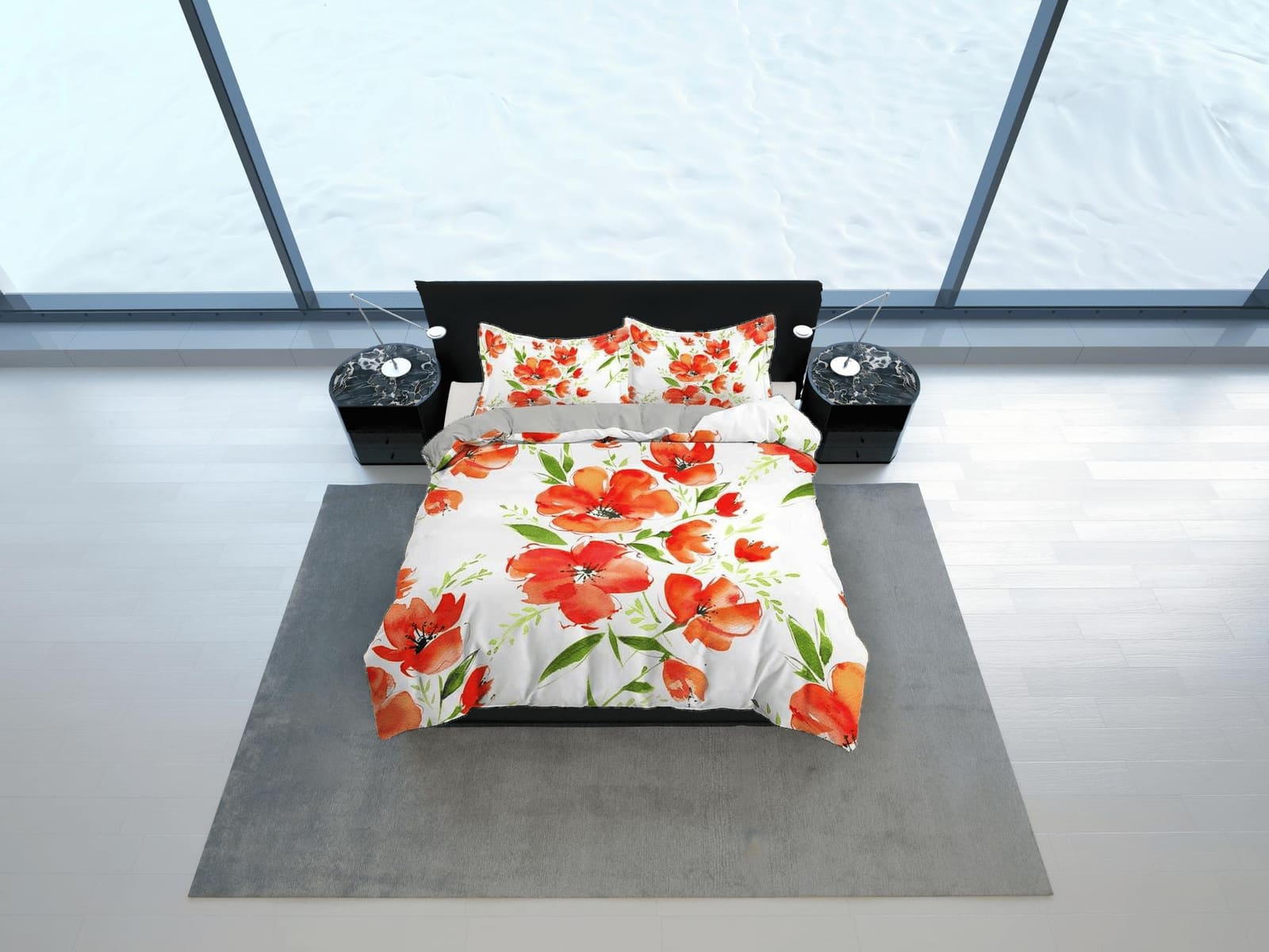 Red painted floral duvet cover colorful bedding, teen girl bedroom, baby girl crib bedding boho maximalist bedspread aesth…