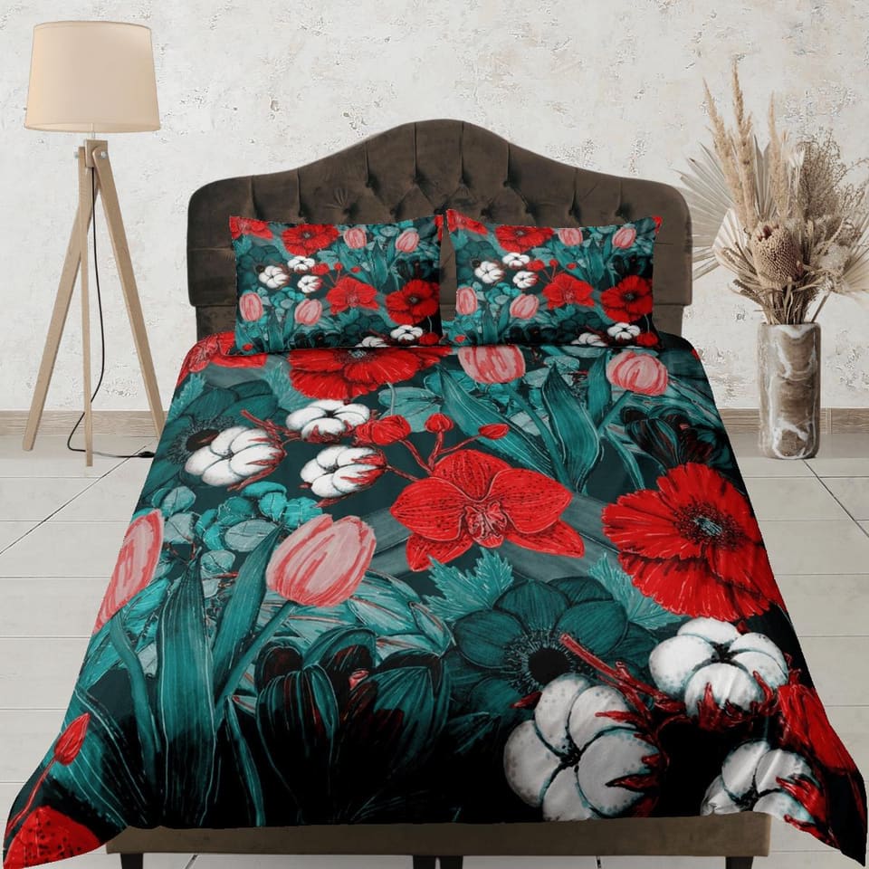 Red poppies and tulip floral duvet cover colorful bedding, teen girl bedroom, baby girl crib bedding boho maximalist bedsp…