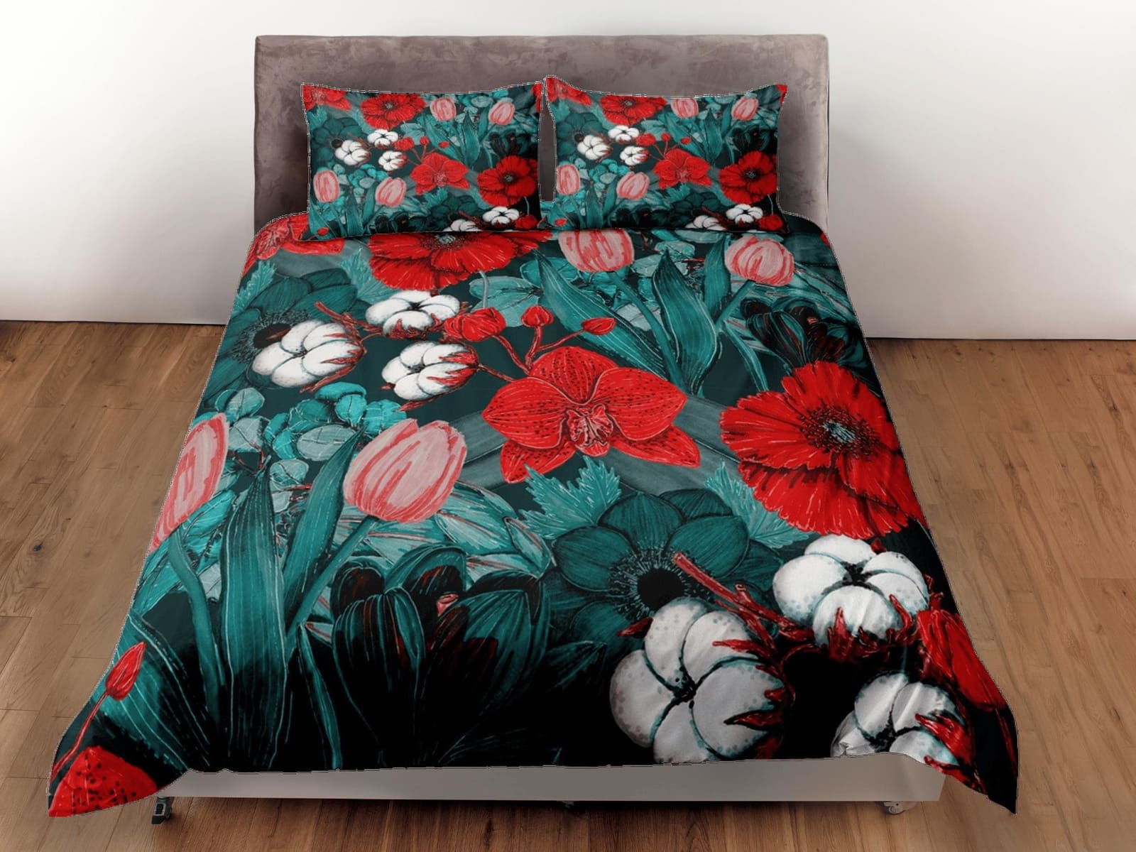 Red poppies and tulip floral duvet cover colorful bedding, teen girl bedroom, baby girl crib bedding boho maximalist bedsp…