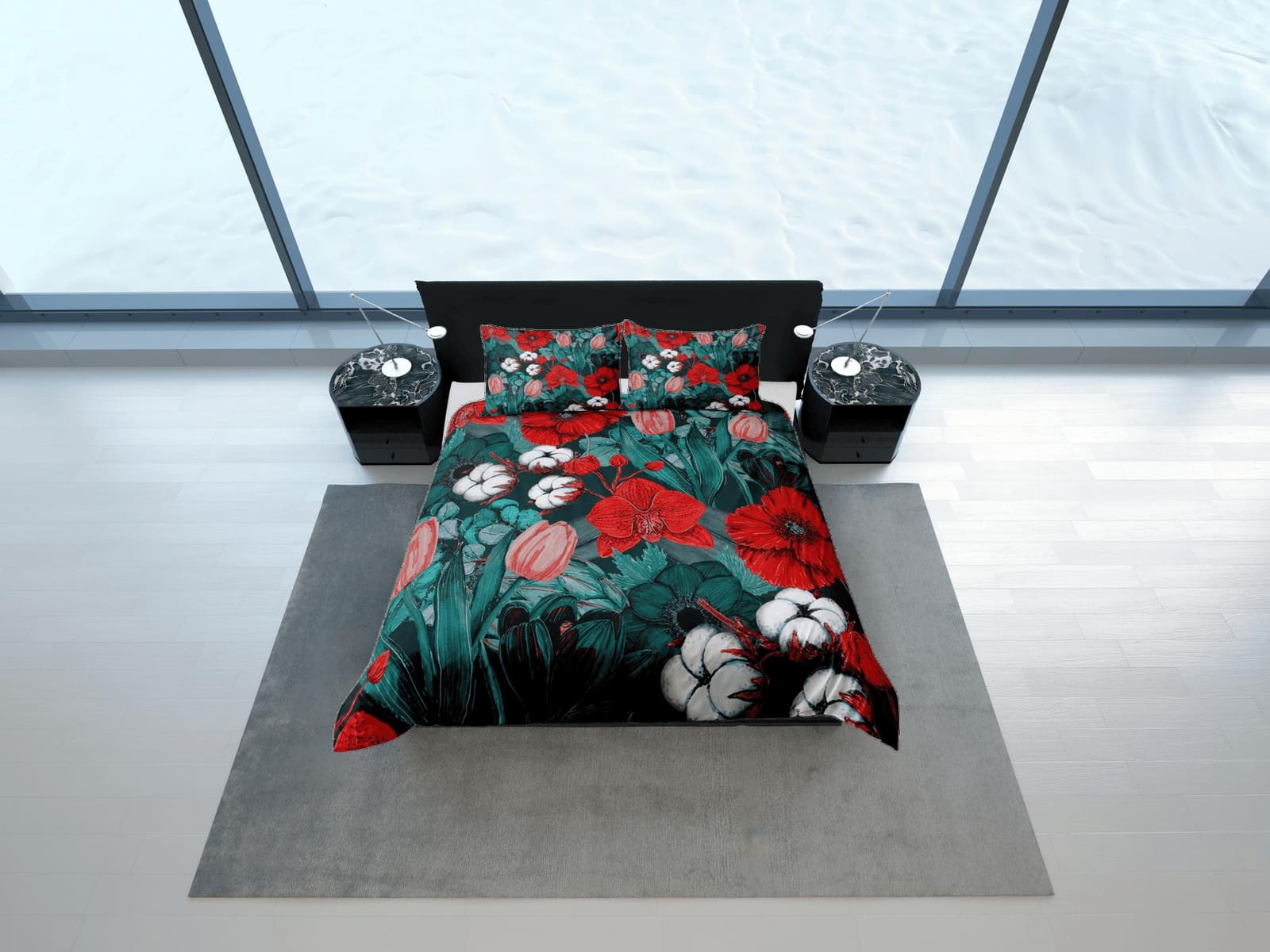 Red poppies and tulip floral duvet cover colorful bedding, teen girl bedroom, baby girl crib bedding boho maximalist bedsp…