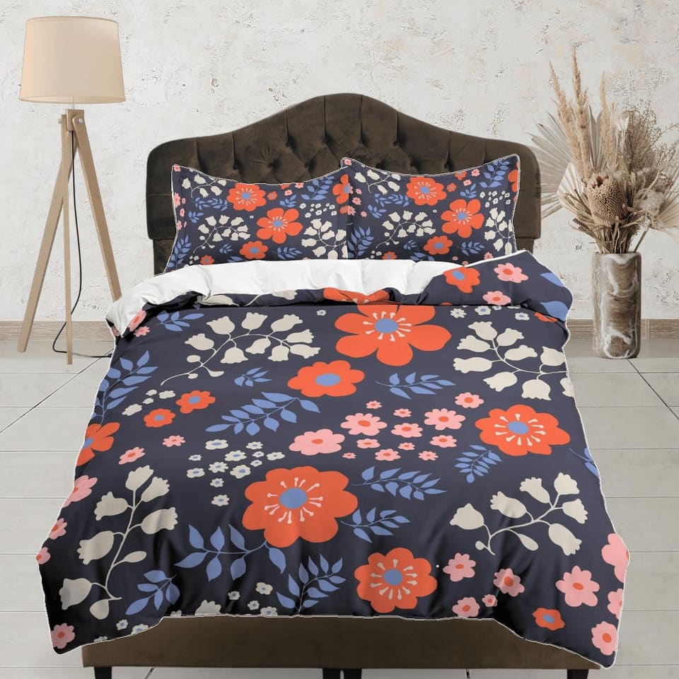 Red poppies floral dark blue duvet cover colorful bedding, teen girl bedroom, baby girl crib bedding boho maximalist aesth…