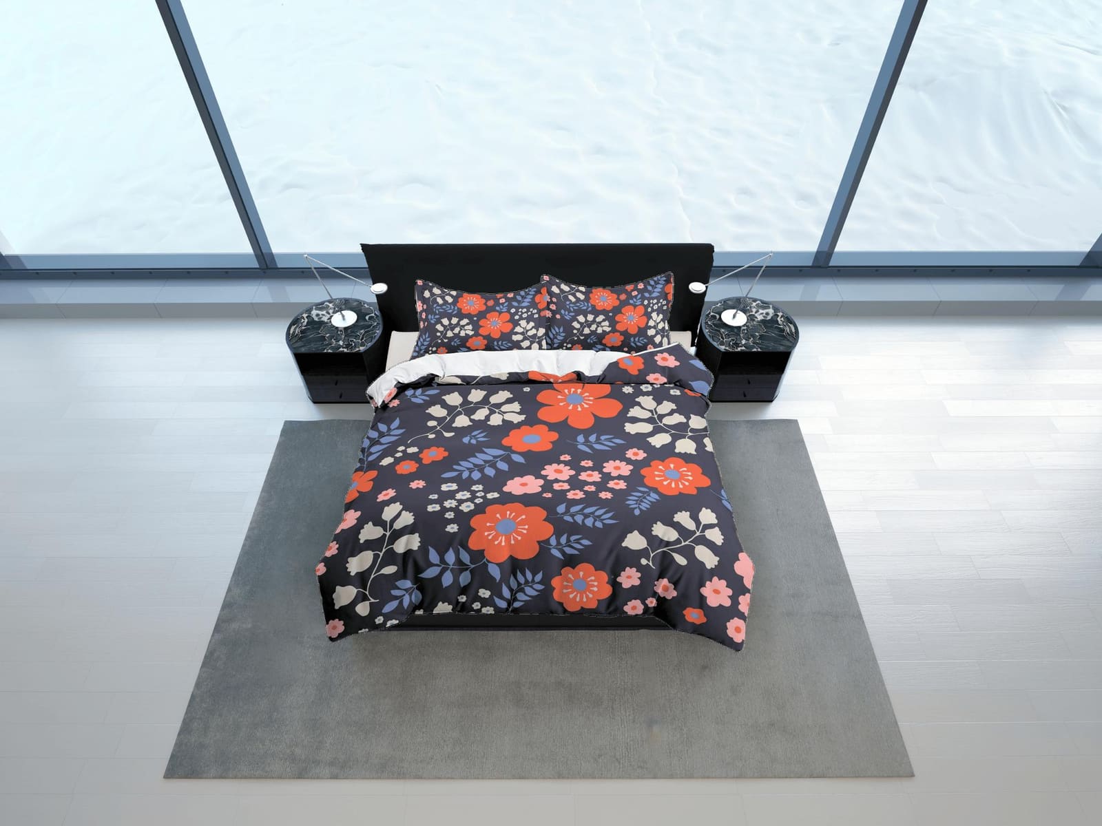 Red poppies floral dark blue duvet cover colorful bedding, teen girl bedroom, baby girl crib bedding boho maximalist aesth…