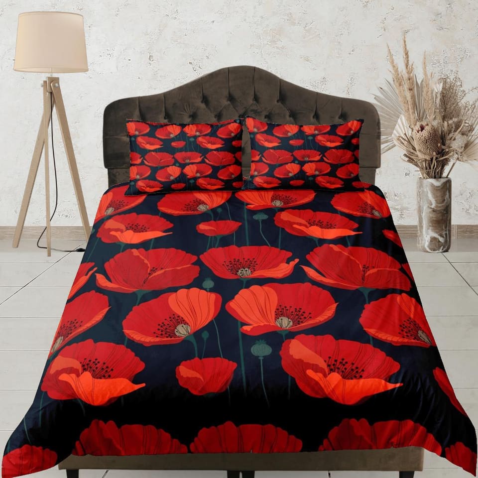 Red poppies floral duvet cover colorful bedding, teen girl bedroom, baby girl crib bedding boho maximalist bedspread aesth…