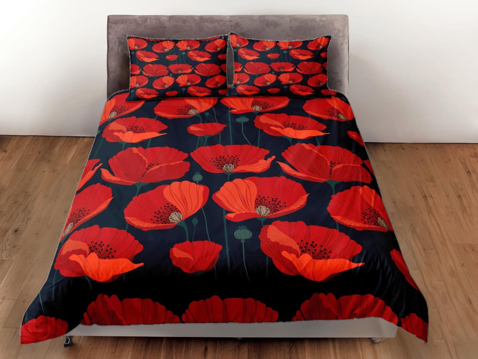 Red poppies floral duvet cover colorful bedding, teen girl bedroom, baby girl crib bedding boho maximalist bedspread aesth…
