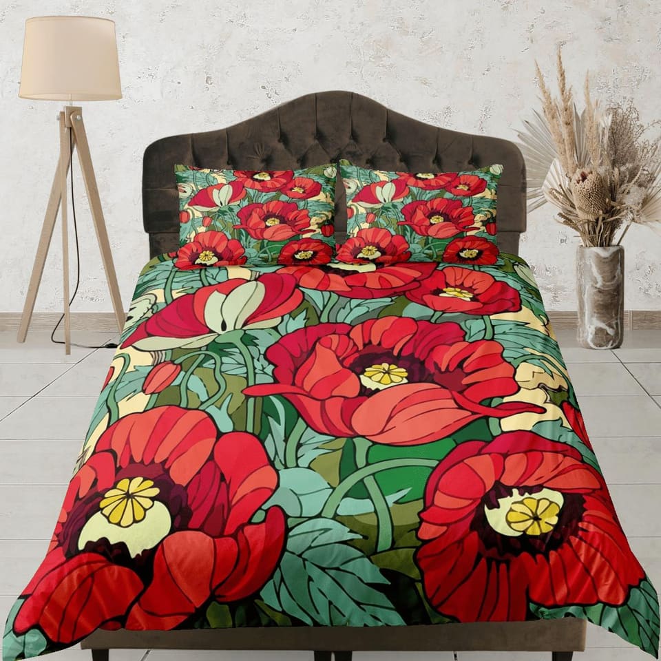 Red poppies green duvet cover floral bedding, teen girl bedroom, baby girl crib bedding boho maximalist bedspread aestheti…