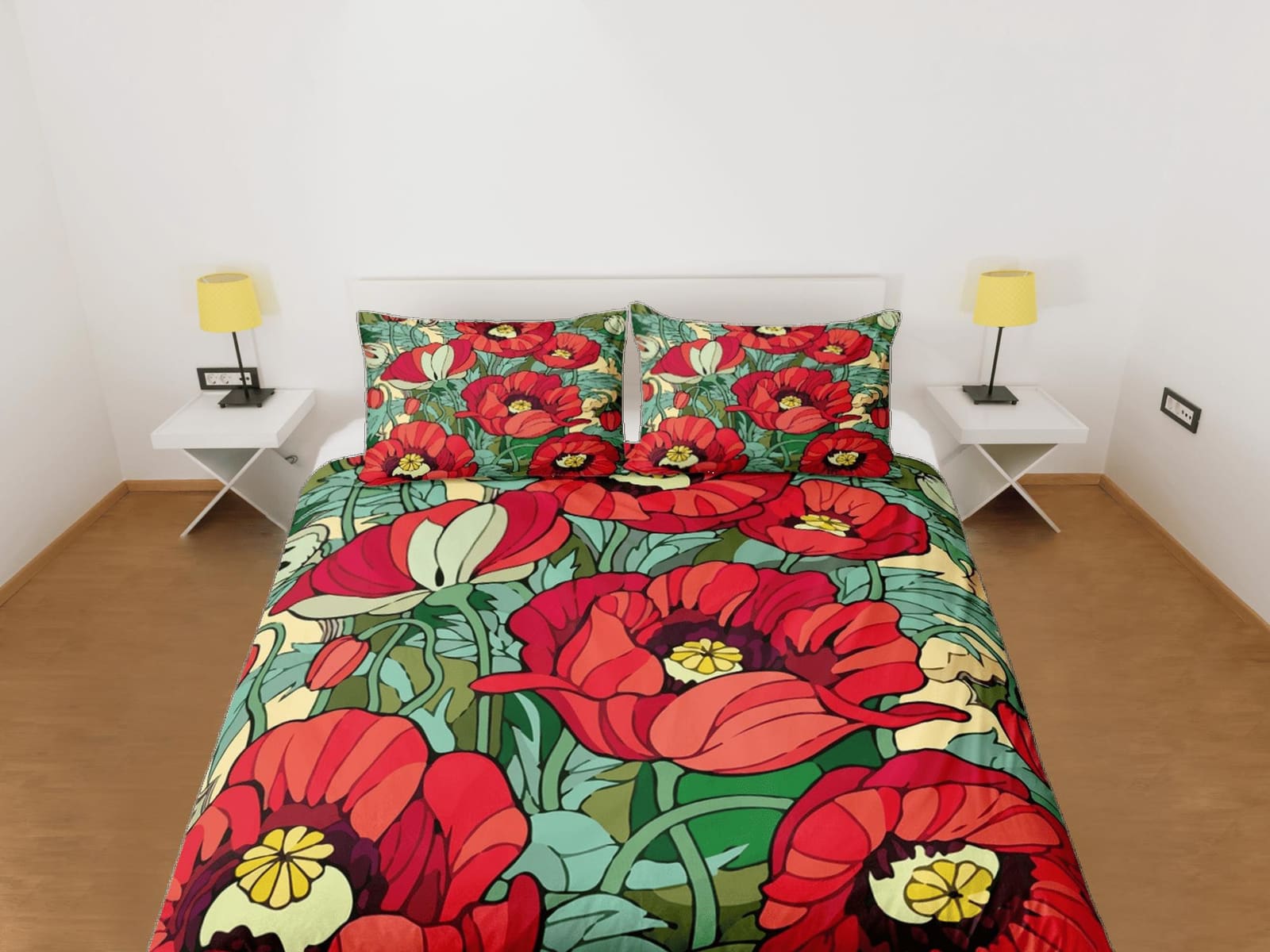 Red poppies green duvet cover floral bedding, teen girl bedroom, baby girl crib bedding boho maximalist bedspread aestheti…