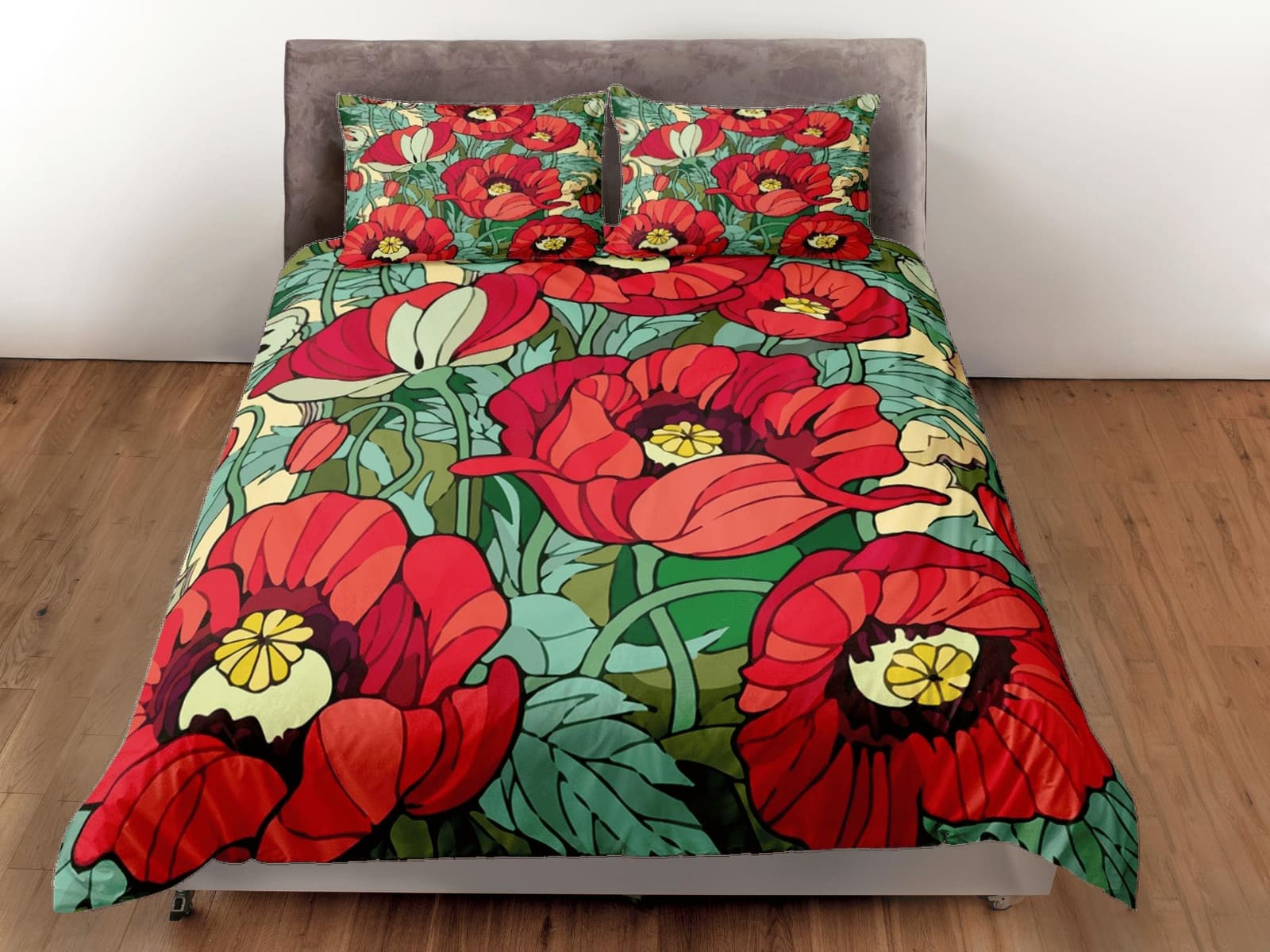 Red poppies green duvet cover floral bedding, teen girl bedroom, baby girl crib bedding boho maximalist bedspread aestheti…