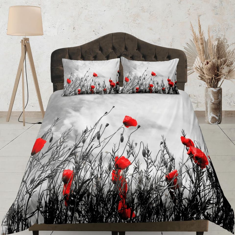 Red poppies nostalgic grey duvet cover colorful bedding, teen girl bedroom, baby girl crib bedding boho maximalist bedspre…