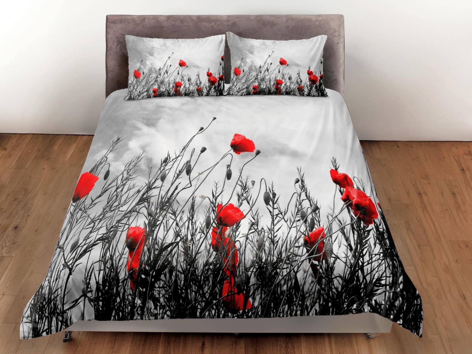 Red poppies nostalgic grey duvet cover colorful bedding, teen girl bedroom, baby girl crib bedding boho maximalist bedspre…