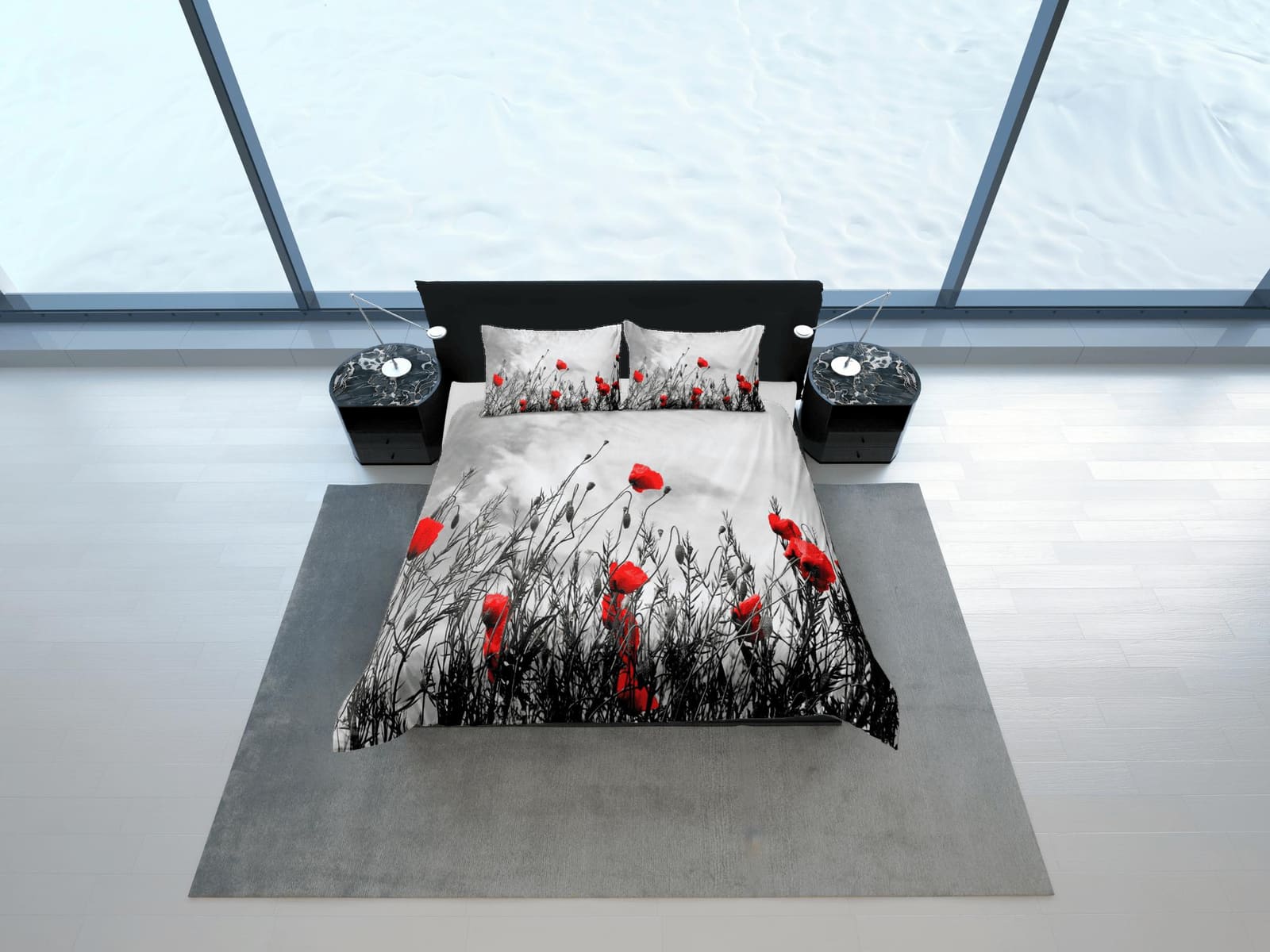Red poppies nostalgic grey duvet cover colorful bedding, teen girl bedroom, baby girl crib bedding boho maximalist bedspre…