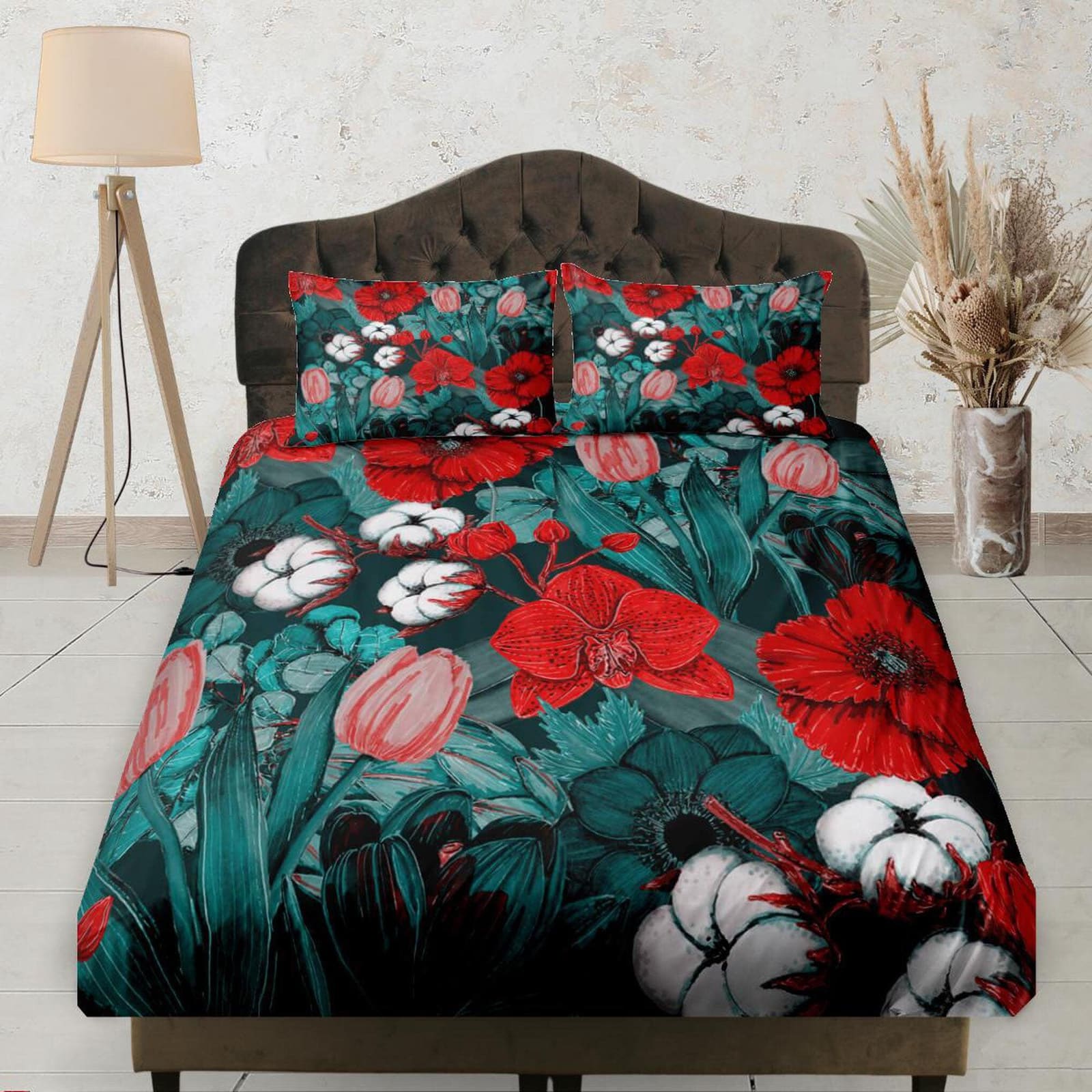 Red Poppy and Wild Flowers Fitted Bedsheet Deep Pocket, Floral Aesthetic Boho Bedding Set Full, Dorm Bedding, Crib Sheet,…