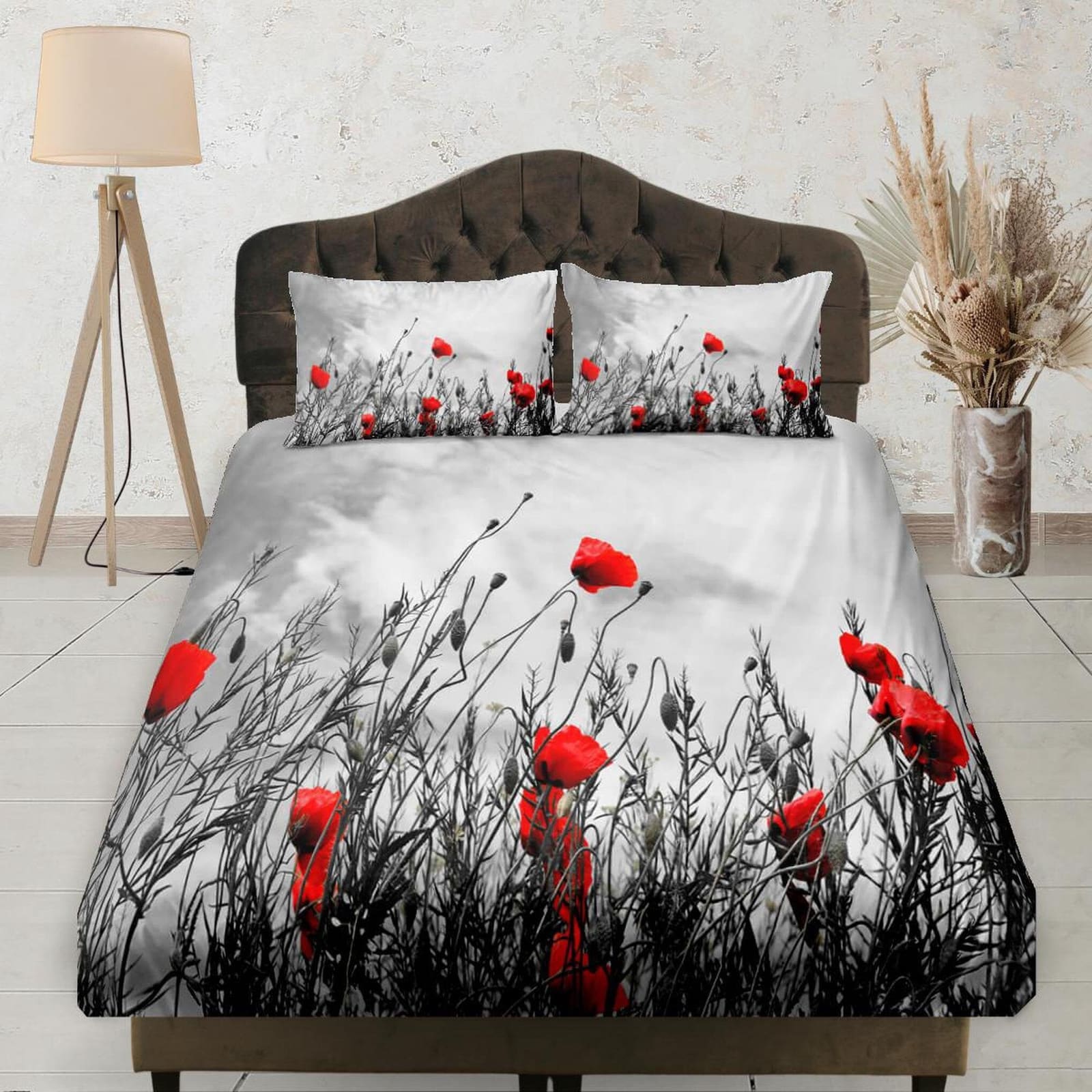 Red Poppy in Monochromatic Scenery Fitted Bed Sheet, Floral Prints, Aesthetic Boho Bedding Set Full, Dorm Bedding, Crib Sh…