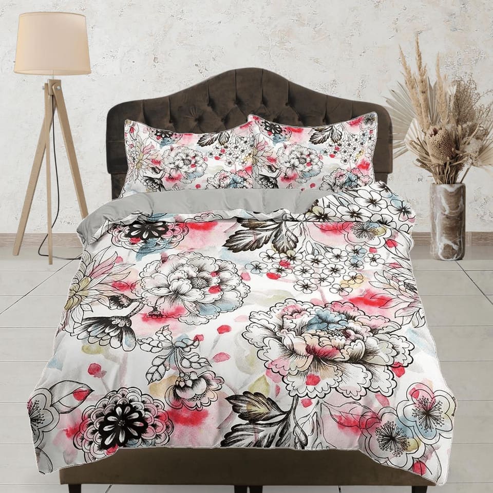 Red tinted floral bedding, luxury duvet cover queen, king, boho duvet, designer bedding, aesthetic bedding, maximalist ful…
