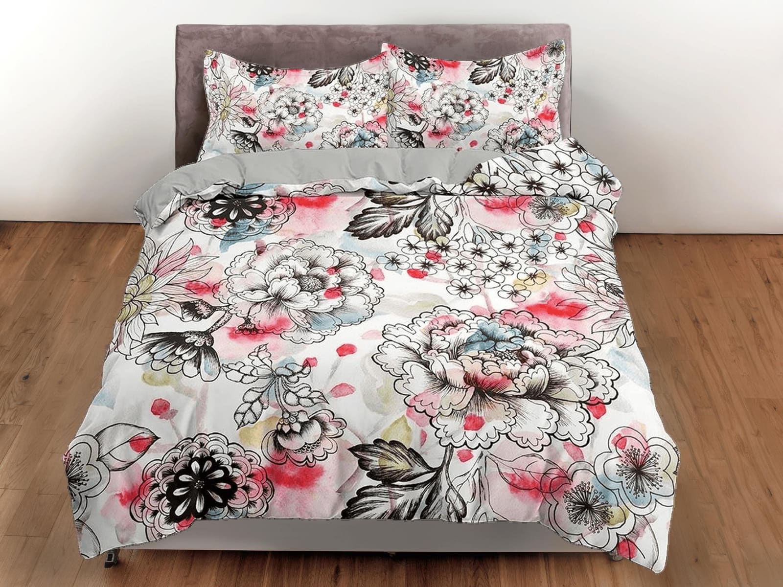 Red tinted floral bedding, luxury duvet cover queen, king, boho duvet, designer bedding, aesthetic bedding, maximalist ful…