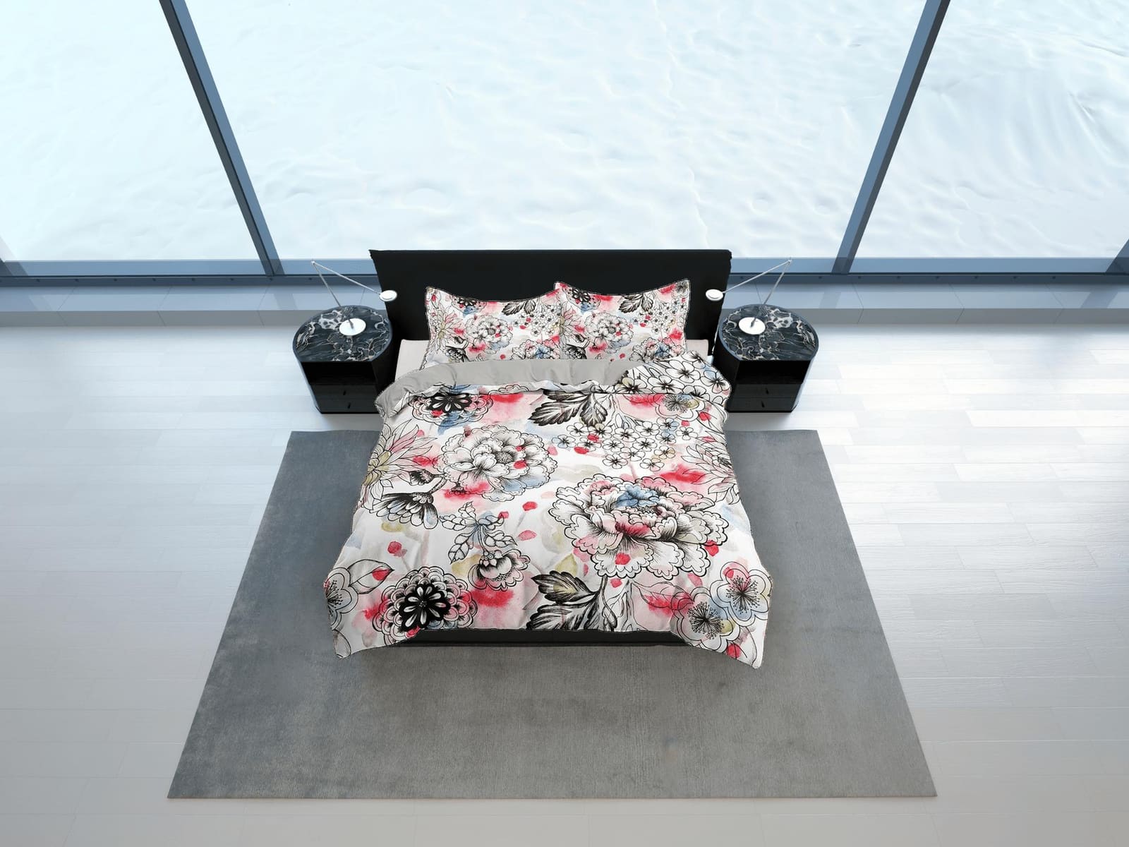 Red tinted floral bedding, luxury duvet cover queen, king, boho duvet, designer bedding, aesthetic bedding, maximalist ful…