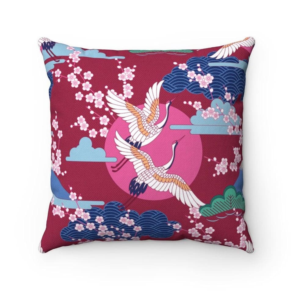 Red Violet Pillowcase with Crane and Cherry Blossoms Prints, Japanese Fabric Chair Cushion Cover, Japanese Decor Square Pi…