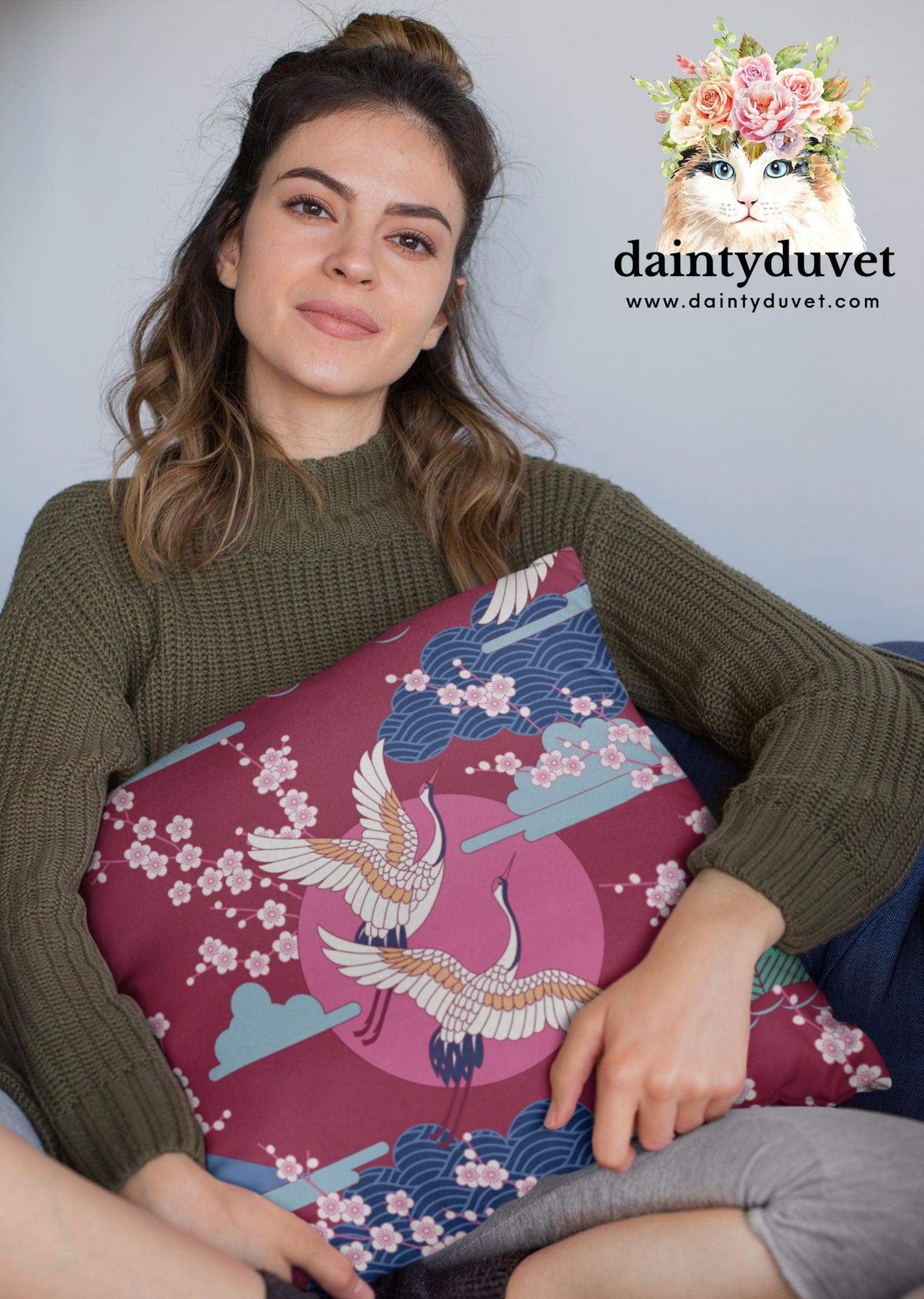 Red Violet Pillowcase with Crane and Cherry Blossoms Prints, Japanese Fabric Chair Cushion Cover, Japanese Decor Square Pi…