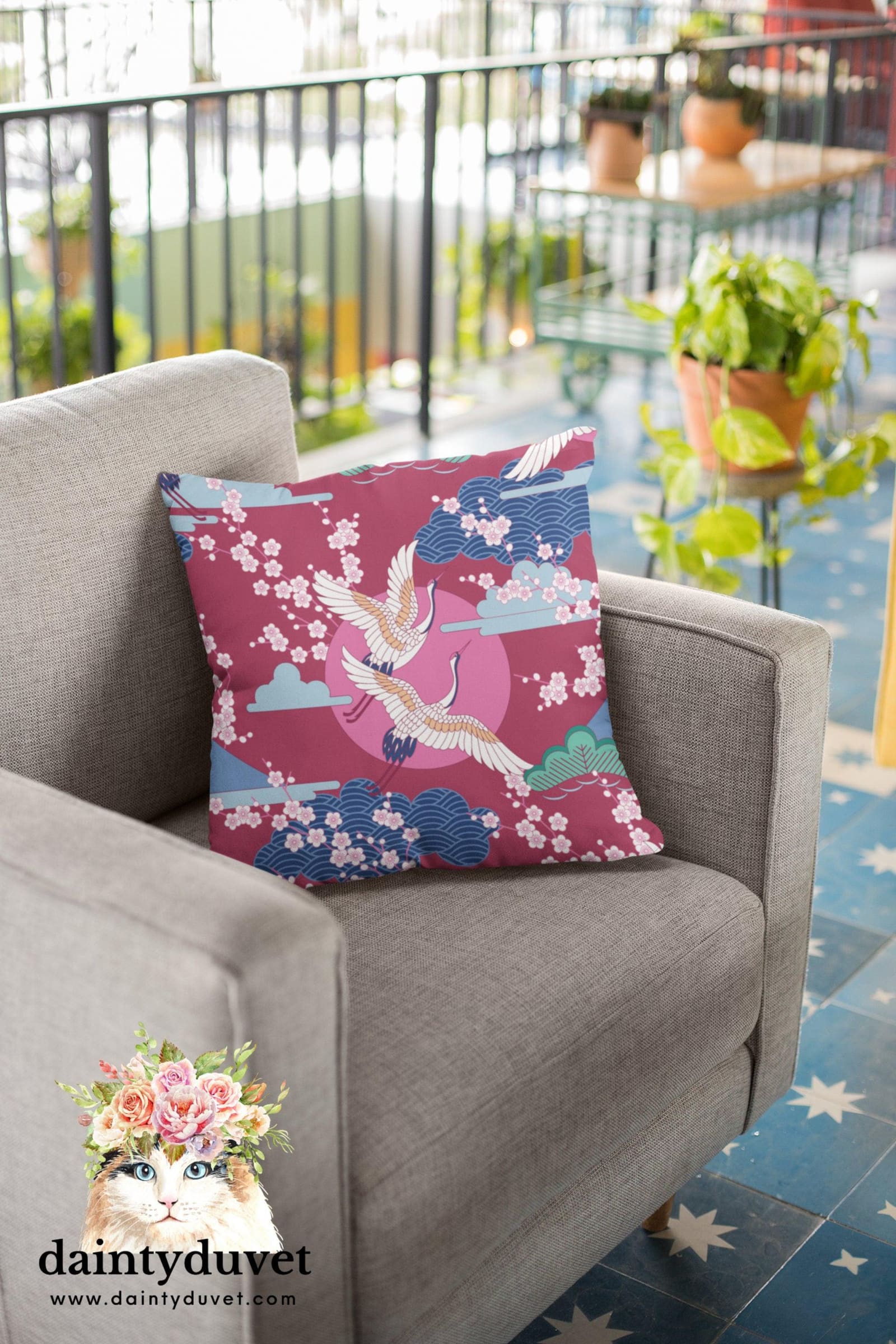 Red Violet Pillowcase with Crane and Cherry Blossoms Prints, Japanese Fabric Chair Cushion Cover, Japanese Decor Square Pi…